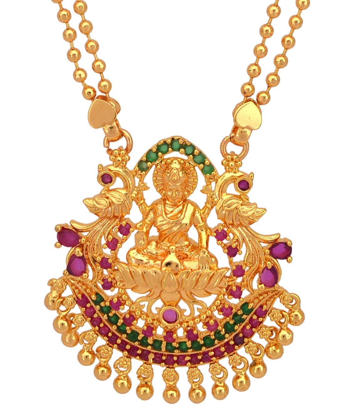 Radha's Creations Long double line chain necklace with ruby and emerald pendant one gram gold for women and girls no.821