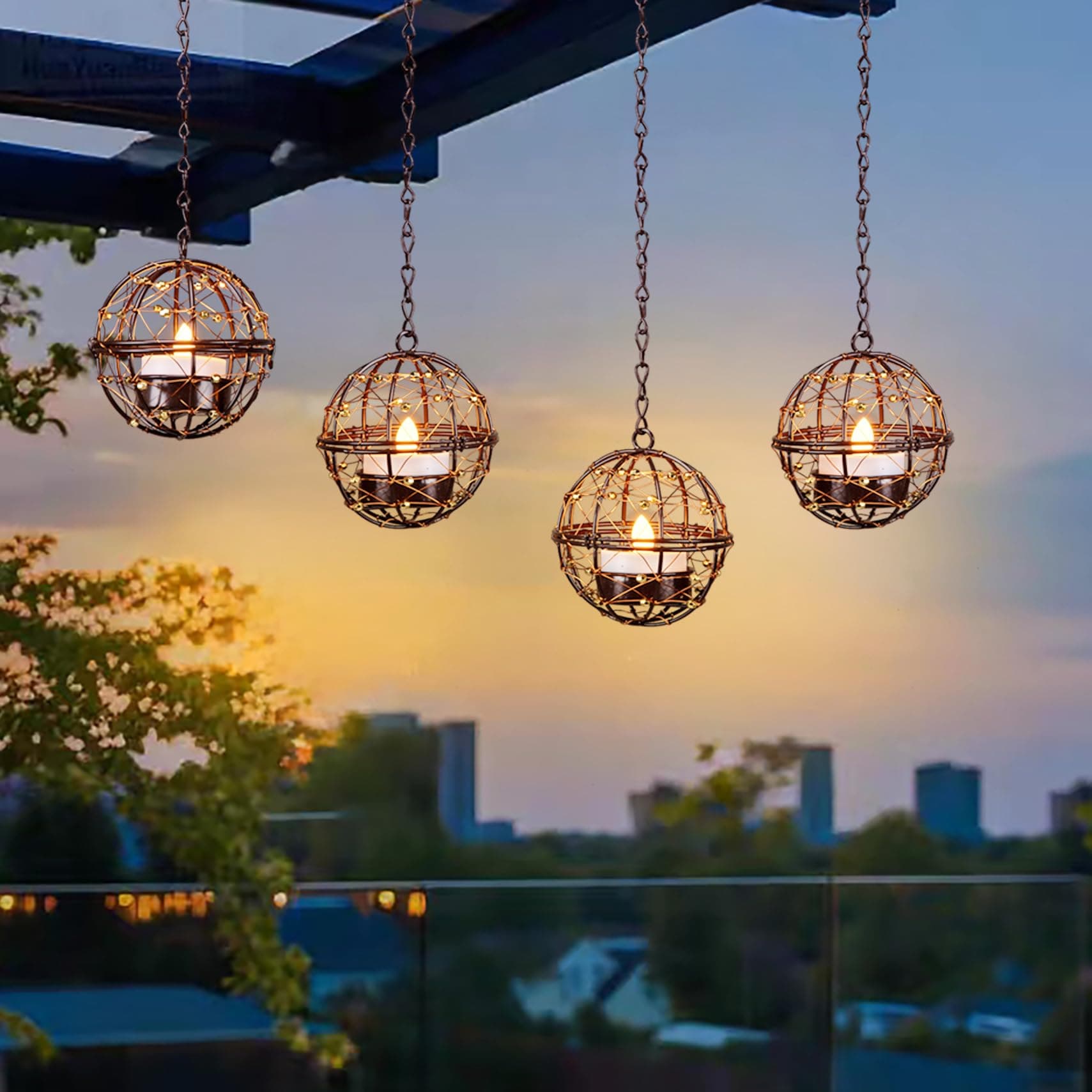 Outdoor Solar Hanging Lanterns Waterproof, Globe Hanging Candle Holder with Flickering Solar Powered Tea Lights, Chargeable Chandelier Light for Backyard Patio Garden Fence Tree Decoration-4Pack
