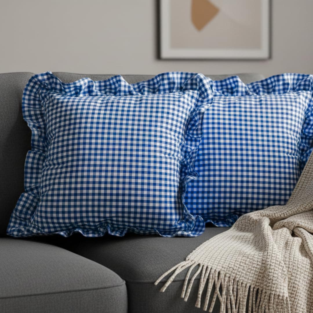 SOOT STUDIO Blue Cushion Covers – 16x16 Inch | Checkered Design with Frill Borders & Zipper Closure | Decorative Cushion Cases for Sofa,