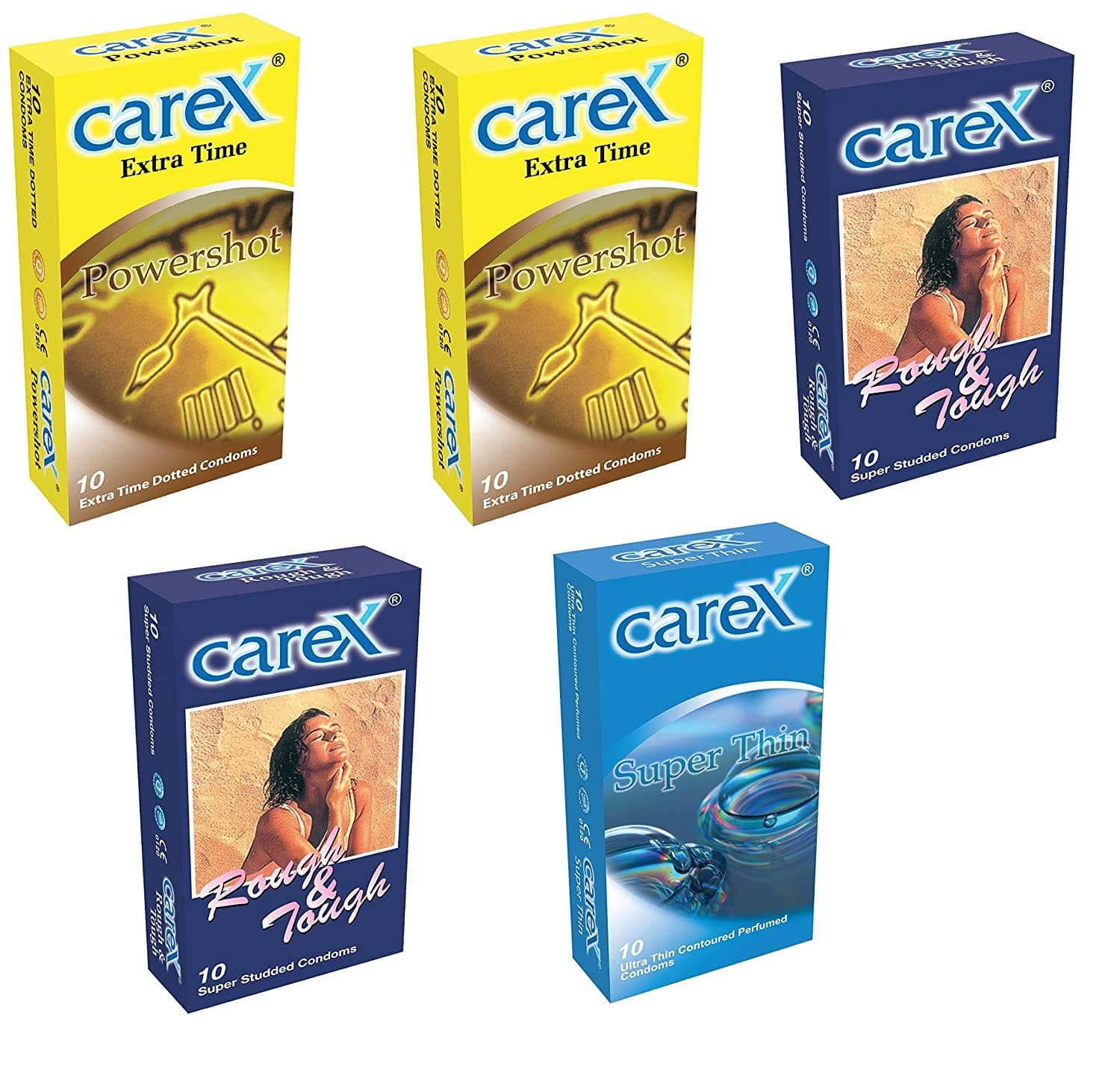 CareX Powershot, Rough & Tough and Super Thin Condoms (Dotted, Studded & Perfumed) - Pack of 5 | (Combo)