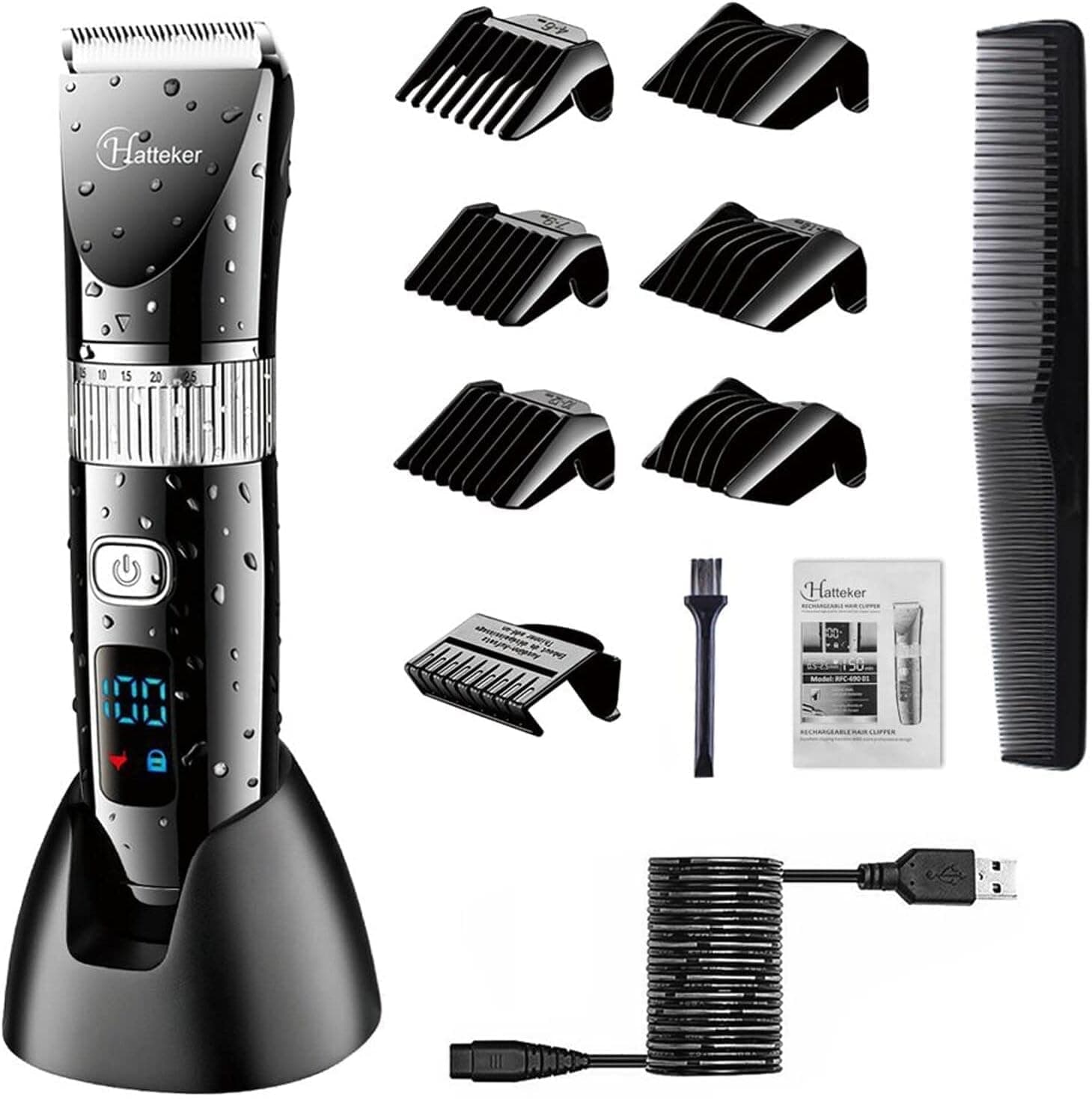 Hatteker Kingbox Professional Clipper Cordless Clippers Hair Trimmer Beard Shaver Electric Haircut Kit Ceramic Blade Waterproof Rechargeable Battery Led Display For Men And Family Use | Black