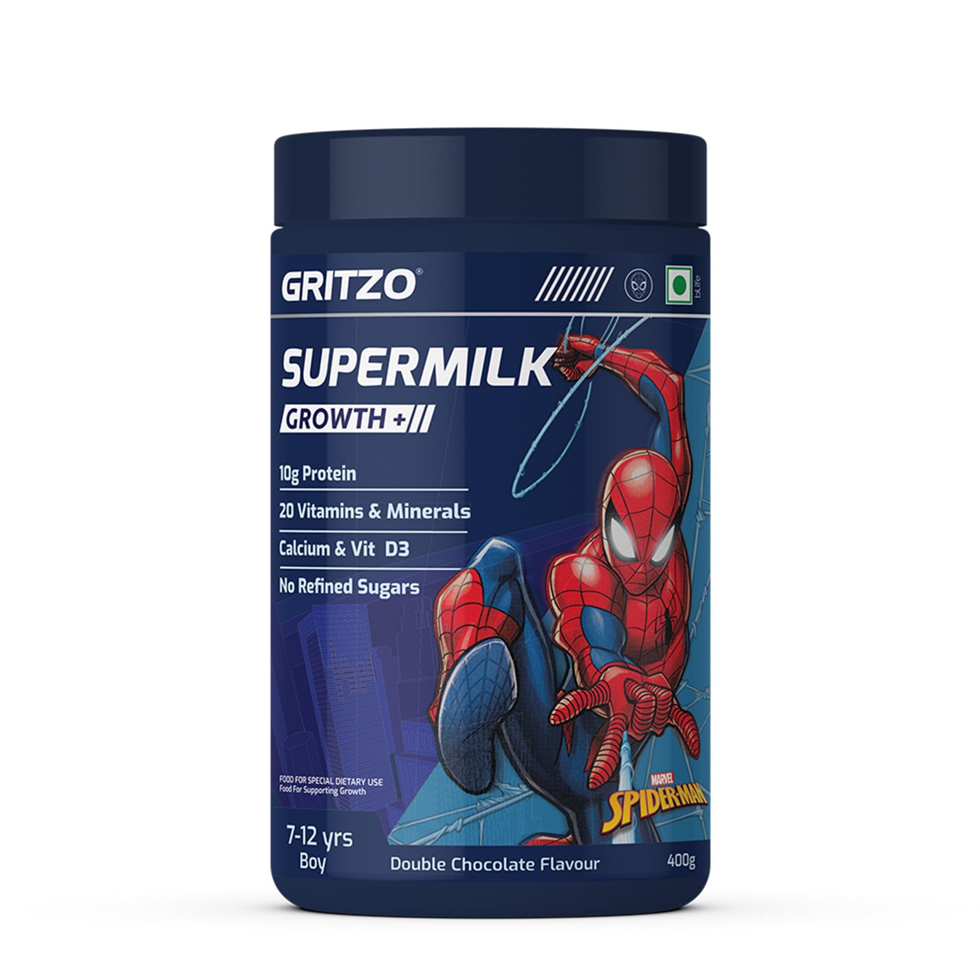 Gritzo SuperMilk Growth+ Spiderman (7-12y Boy), Double Chocolate, 400g