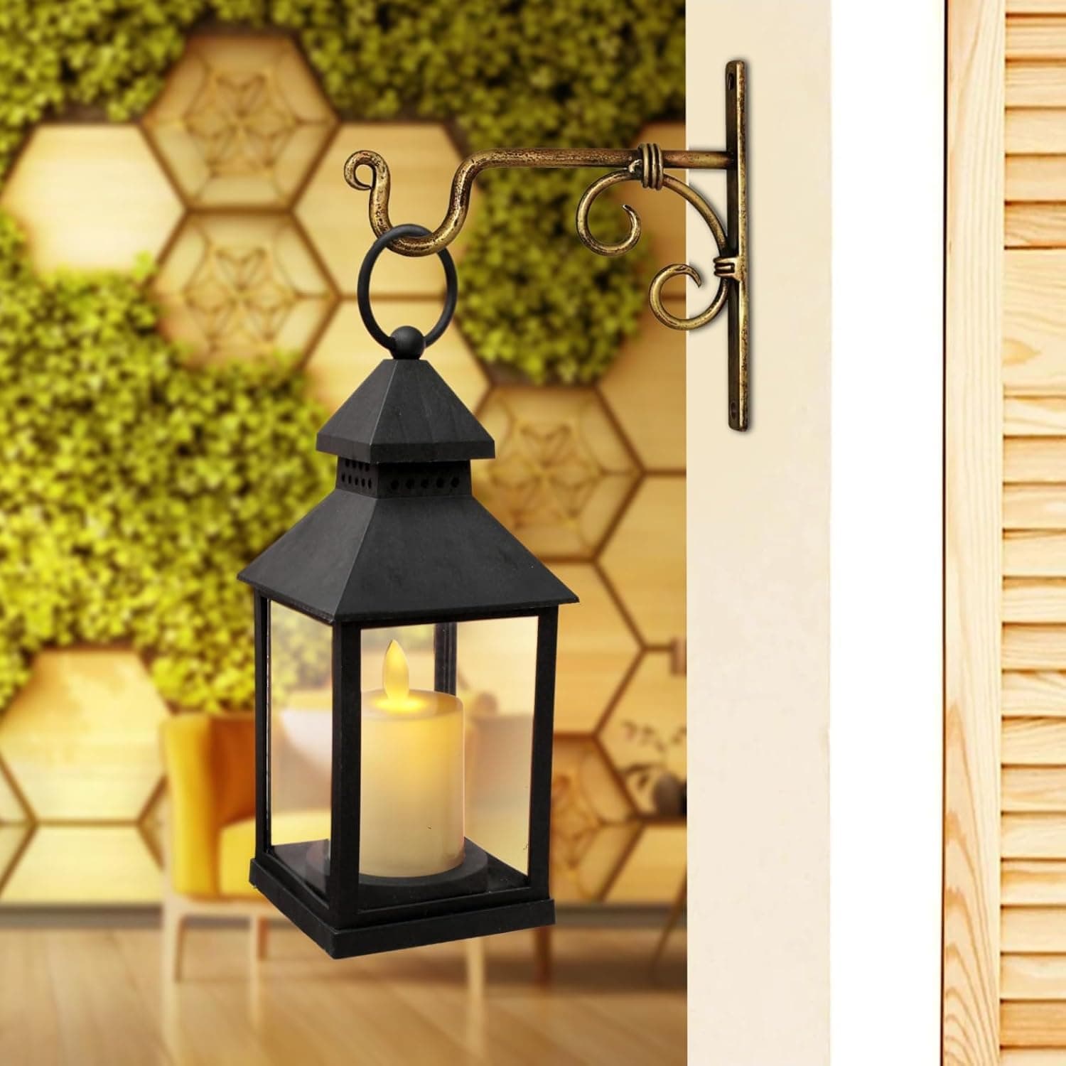 Vintage LED Lantern Light with Flickering Candle, Battery Operated Hanging Lamp, Antique Glass Lantern for Home Decor, Diwali Decoration Lights, Table & Wall Hanging Lamp Black vivinin (Set 1)