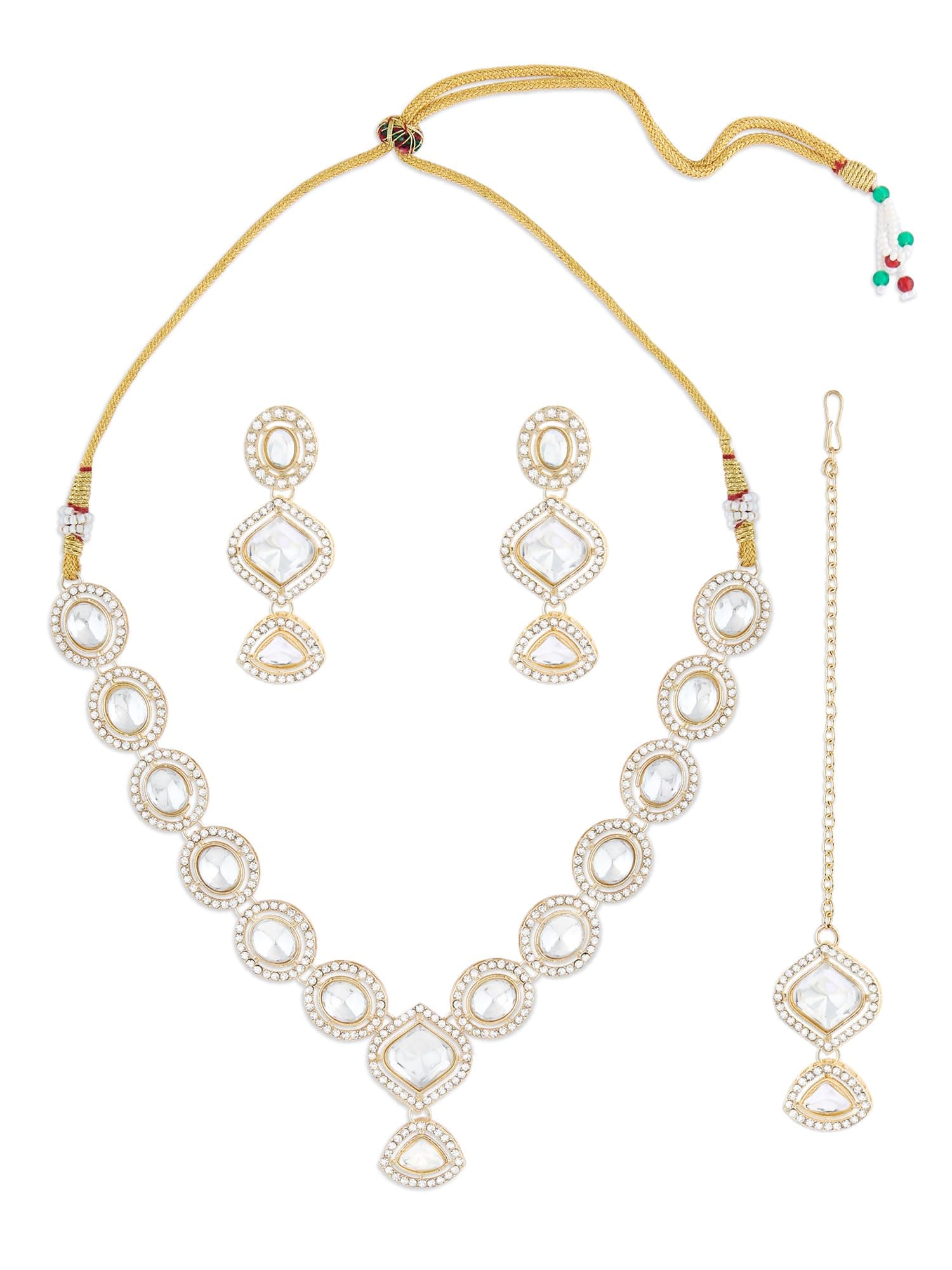 ZAVERI PEARLS Gold Tone Dazzling Stones Embellished Necklace Earring & Maangtikka Set For Women-ZPFK17564