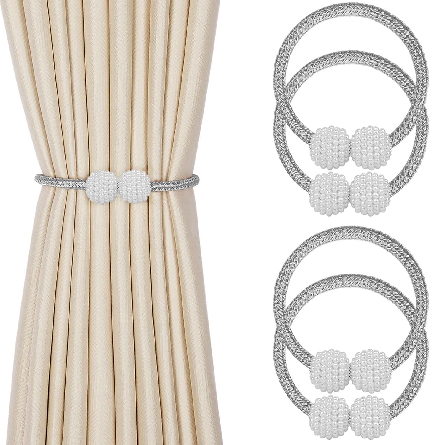 INOVERA (LABEL) 4 Pieces Magnetic Curtain Tiebacks - Decorative Windows Curtain Tie Rope - Drapery Holdbacks for Home, Office (Grey)