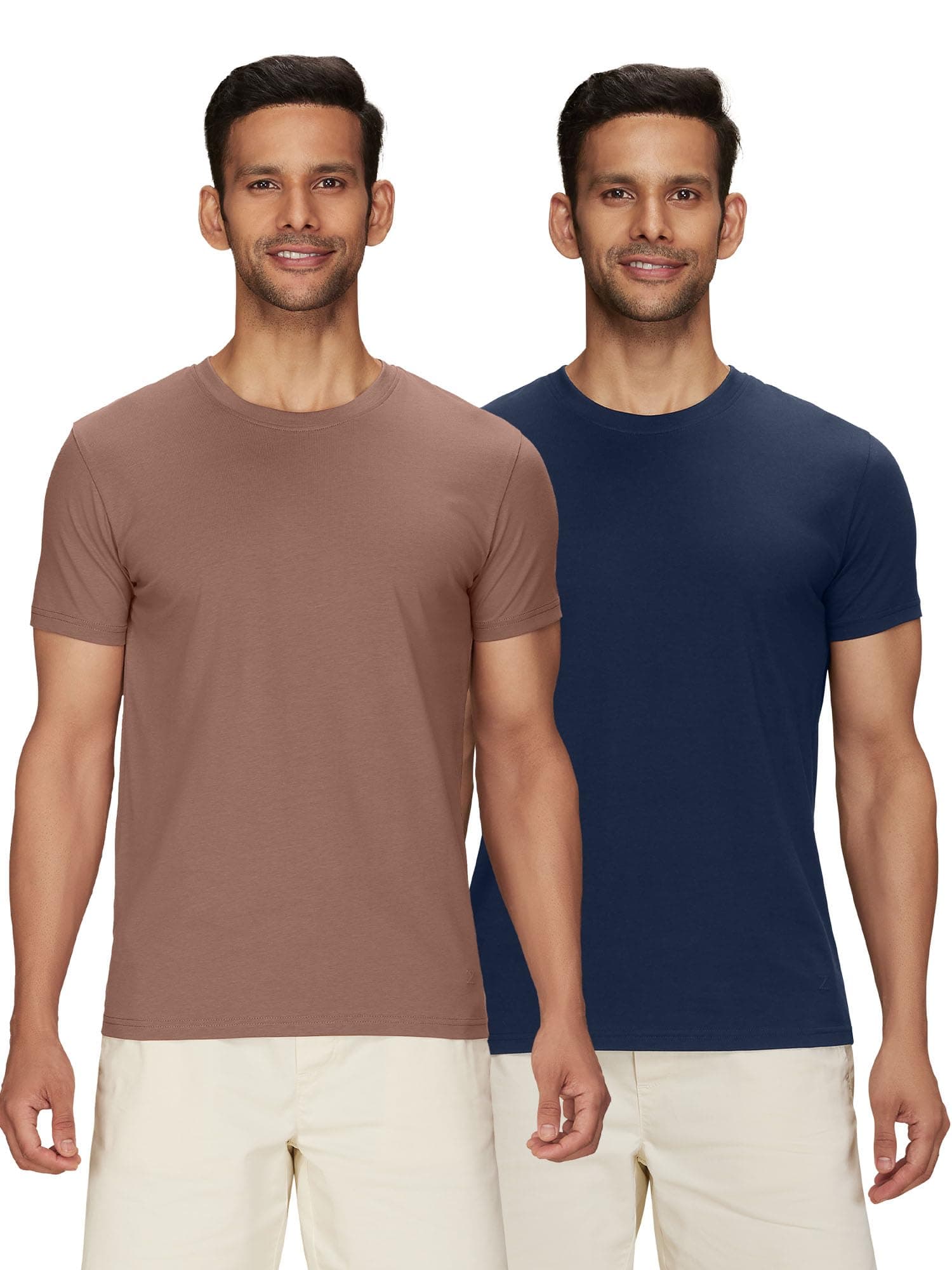XYXX Men's Solid Regular Fit T-Shirt (XY_CR15_Tshirt_2_Brown Latte+Midnight Blue