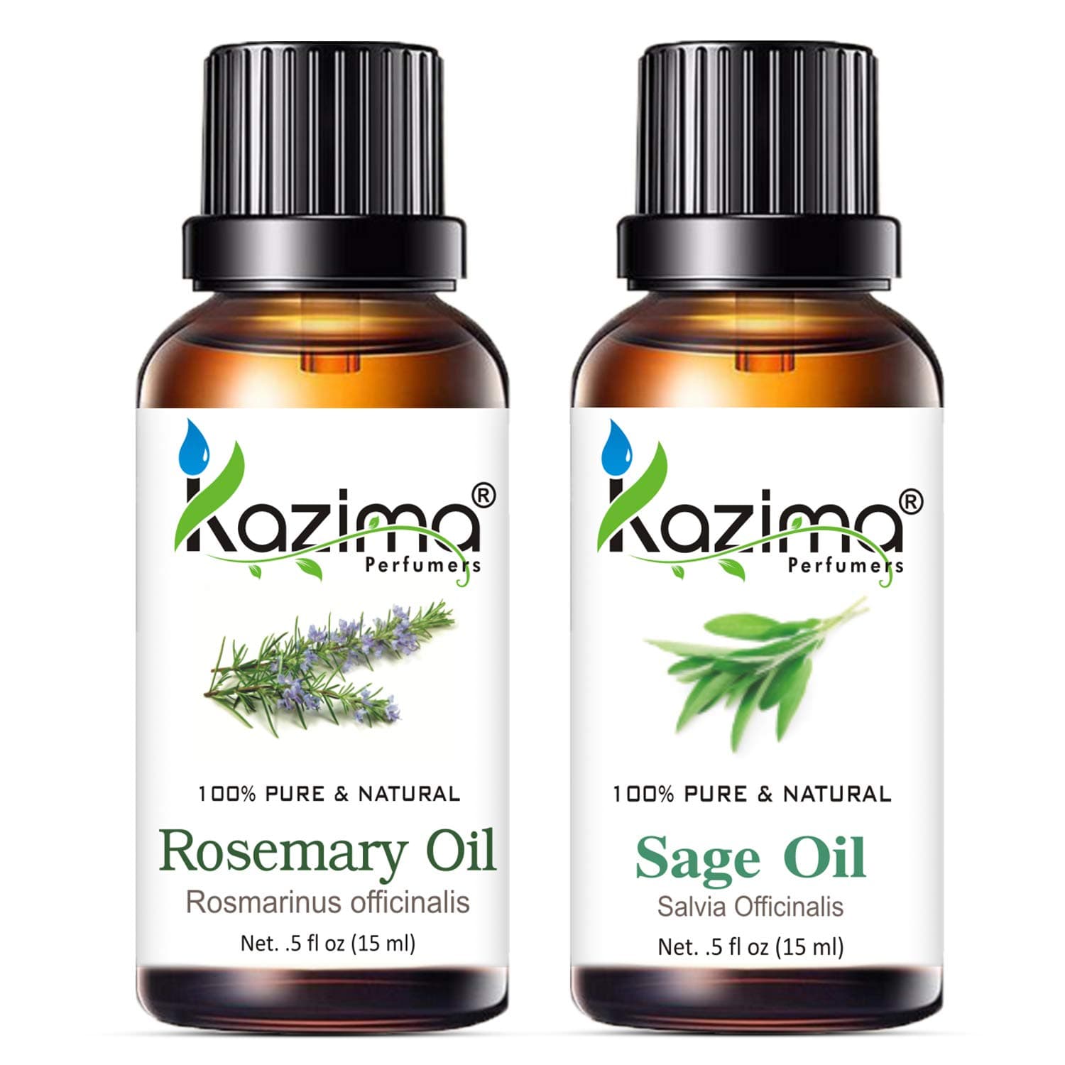 KAZIMA Combo of Rosemary Oil & Sage Oil - 100% Pure Essential Oil for Hair Growth, Skin Care, Aromatherapy, Body & Massage, 15 ml each