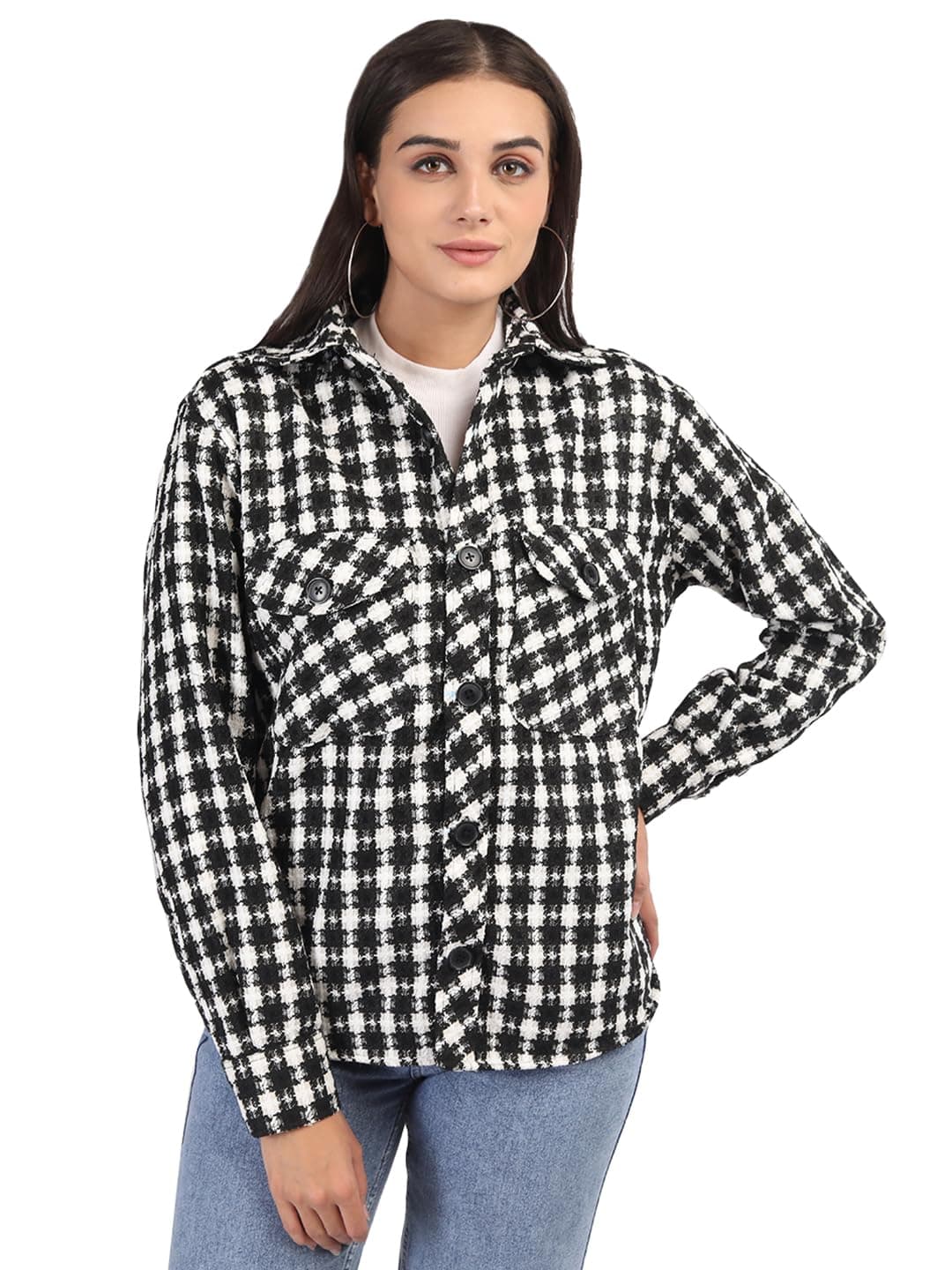 CHKOKKO Women Winter Shacket Stylish Coat Plaid Jacket Shirt Anthra XL