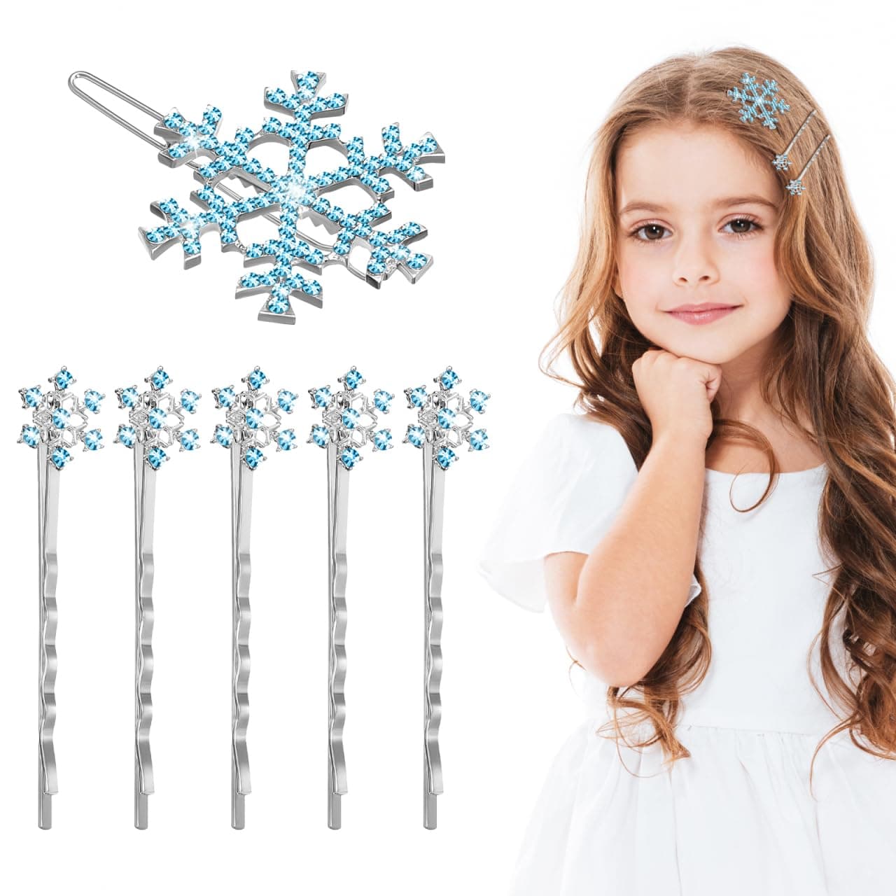 Lurrose 6pcs Snowflake Hair Clip Blue Rhinestone Decorative Metal Bobby Hair Pins