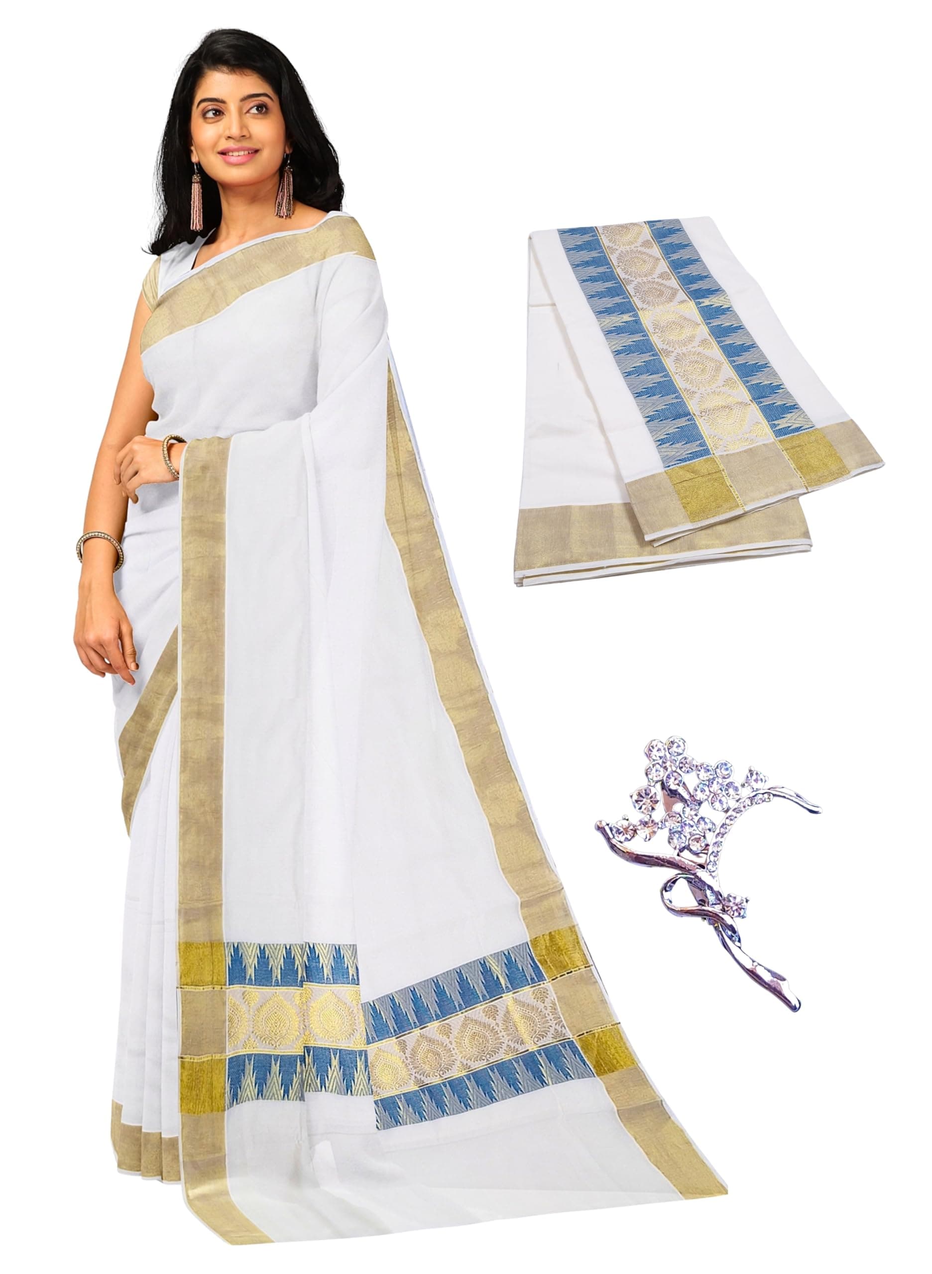 NandaVanam Women's Kerala Cotton Saree | Onam Cotton Kasavu Sarees | Kasavu Saree With Designer Pallu - with Blouse (Green)