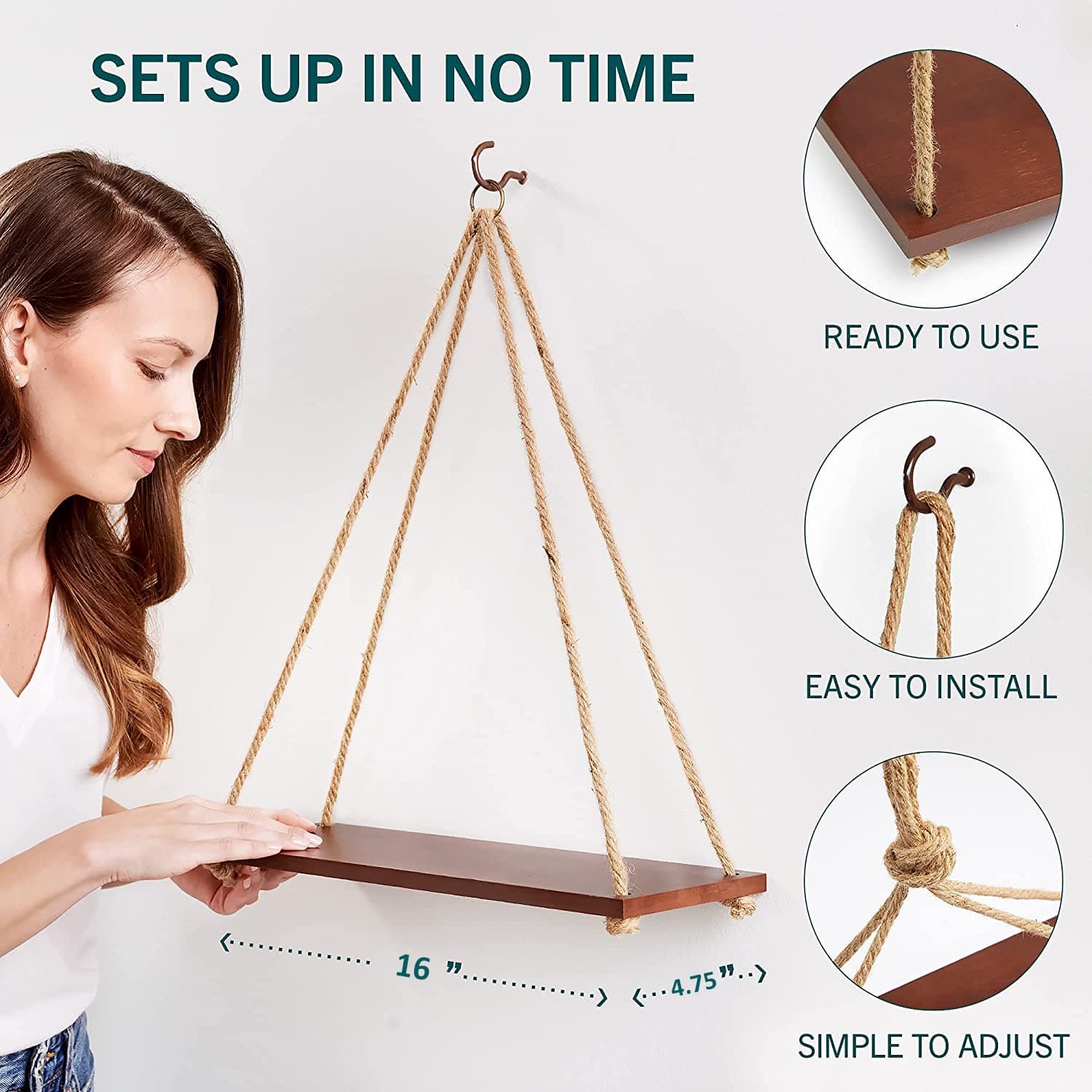 UHUD CRAFTS Hanging Shelves - Adjustable Rope Hanging Shelf, Wall Hanging Decor, Lightweight, Premium Wooden Shelf, Hanging Plant Shelf for Bedroom and Living Room (1 Pcs)
