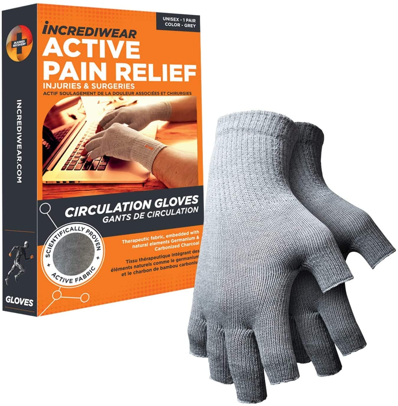 Incrediwear Fingerless Circulation Gloves Arthritis Gloves, Grey, Grey, Large (1 Pair)