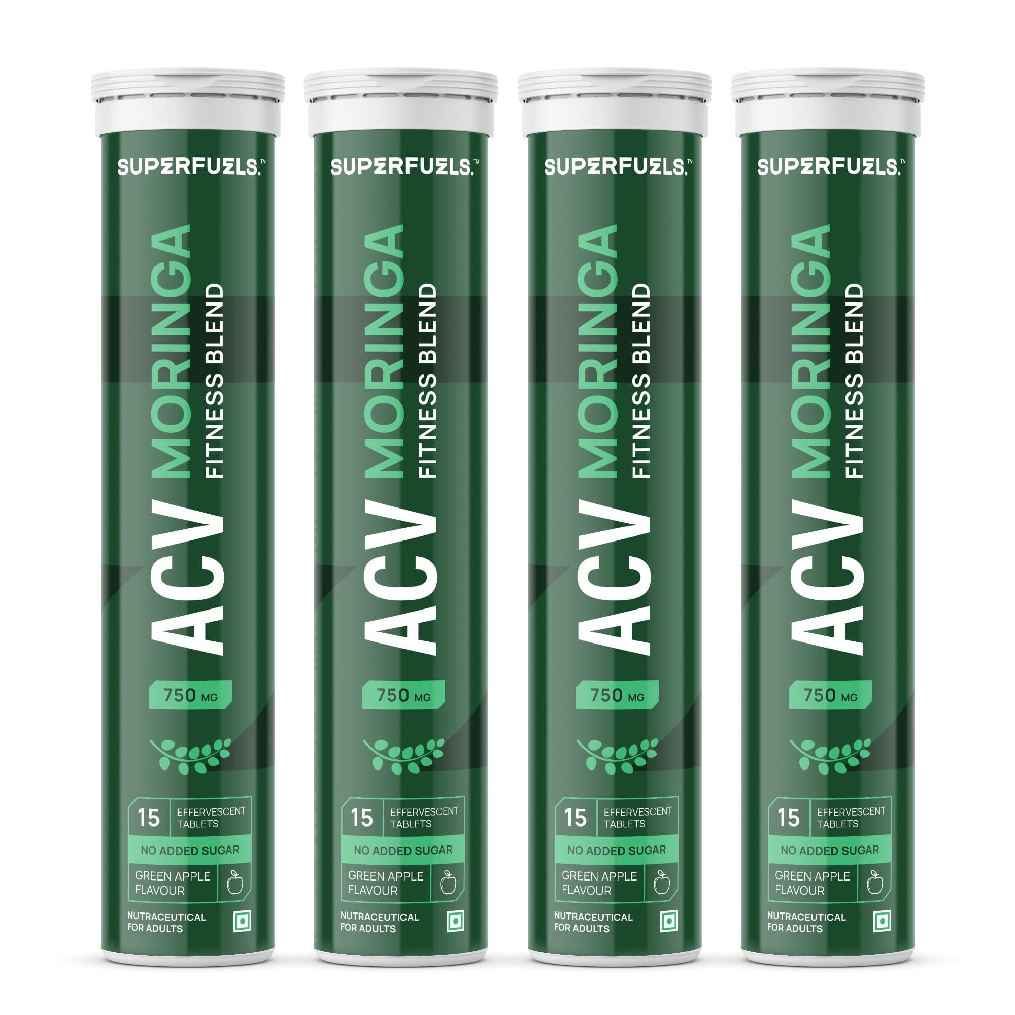 SUPERFUELS ACV Moringa - Apple Cider Vinegar Effervescent Tablets | Supports Weight Loss, Fat Burn & Gut Health | Controls Cravings | Vitamin B6 & B12 | No Added Sugar | Effervescent Tablets- Green apple | Pack of 4 (60 Tablets)