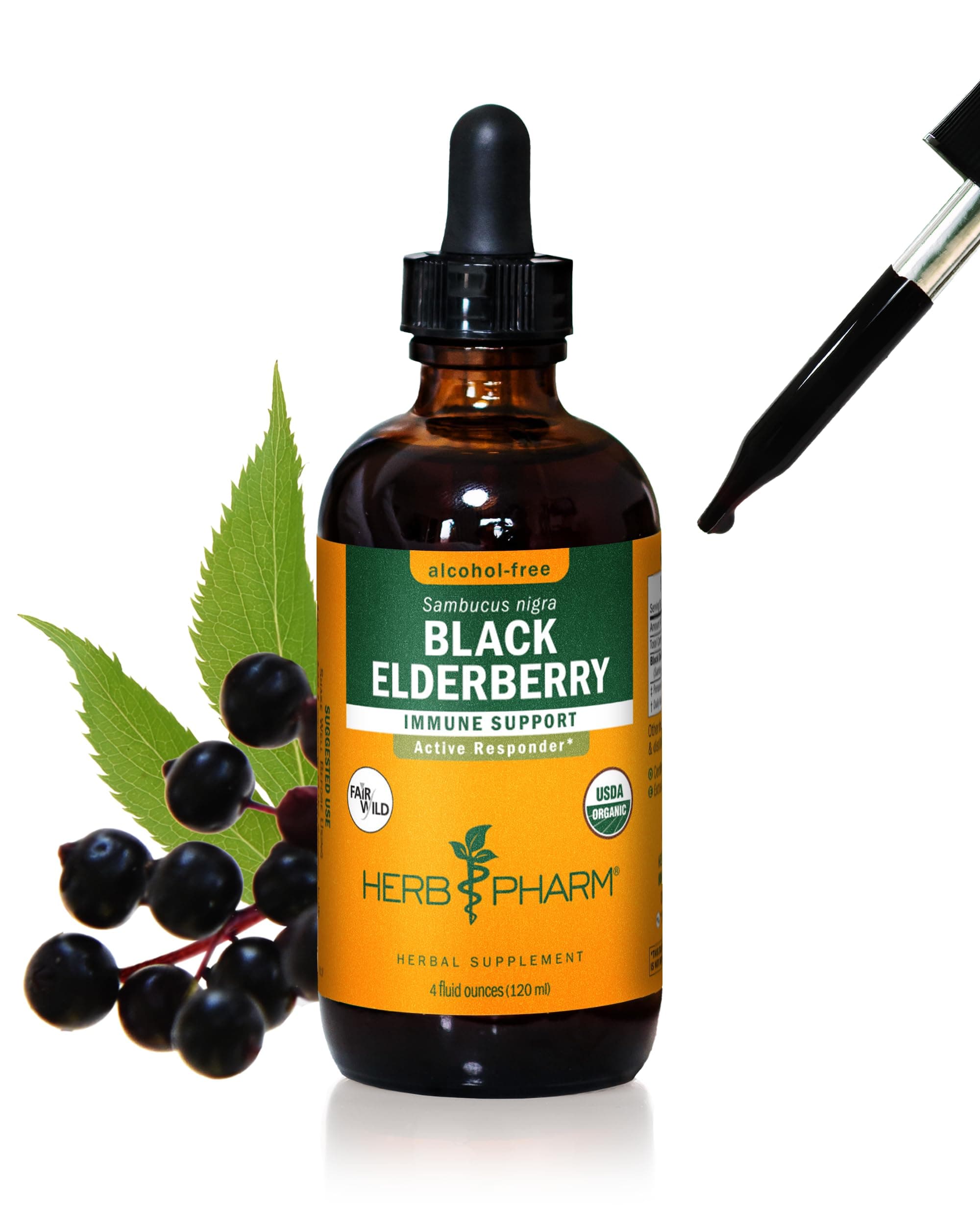 Herb Pharm Certified Organic Alcohol-Free Black Elderberry Glycerite for The Immune System, 4 oz