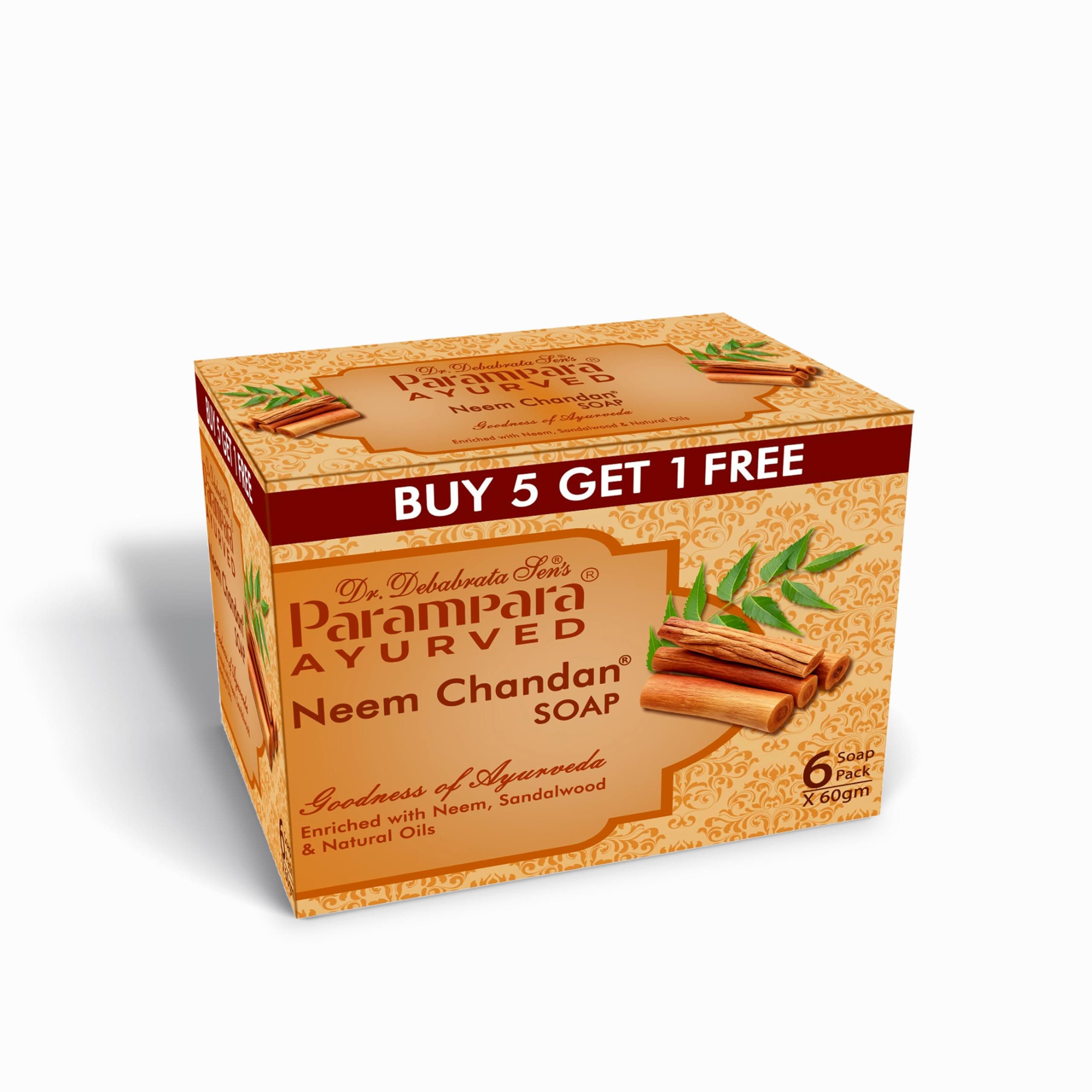 Parampara Ayurved Neem Chandan Soap Herbal Bathing Bar with Tulsi, Sandalwood, Aloe Vera, Kesar, Almond & Coconut Oils for All Skin Types 60g (Pack of 6)