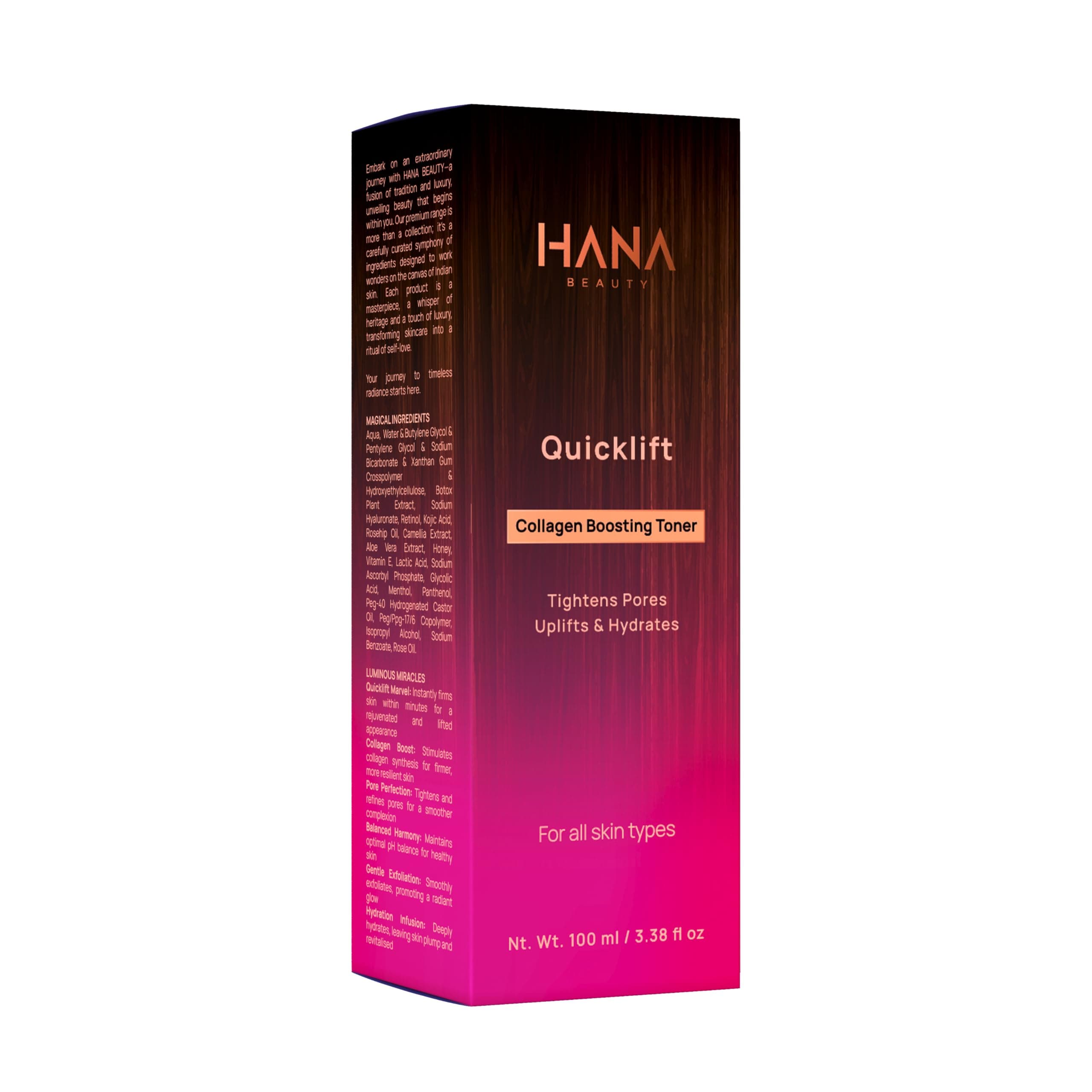 Hana Beauty Collagen Boosting Toner with Quicklift | Instant Skin Tightening | Skin Firming | Anti-Ageing|Pore Perfection | Balance Skin pH | Oily, Dry, Sensitive & Combination Skin | For Men & Women | 100ml