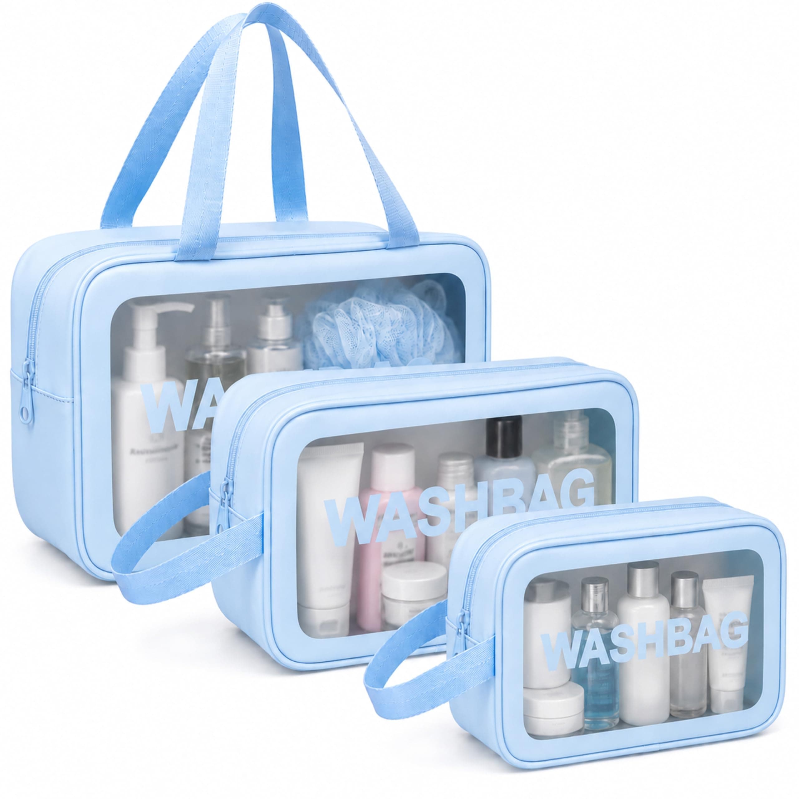 LUMONY® Makeup Pouch Bag PVC Travel Toiletries Organizer Cosmetic Bags Wash Bag Pouch for Travel Kit Toiletry Bag Portable Organizer Case Carry Pouch for Women Bathroom Set of 3 (Blue-Colors)