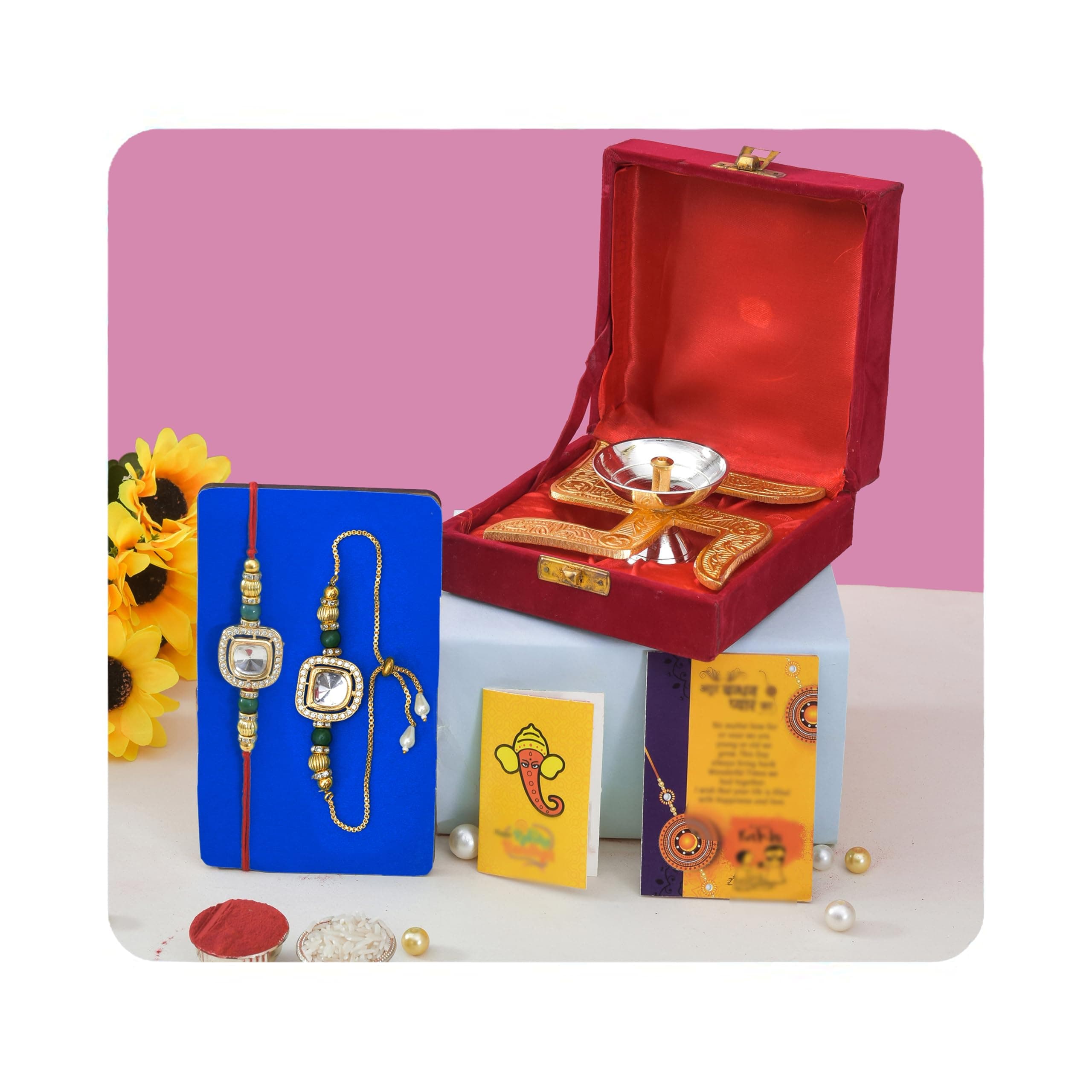 CraftVatika Rakhi Diya Combo Gift Set for Brother and Bhabhi, Couple Pair Rakhi for Bhaiya Bhabhi, Rakhi Set of 2, Brass Diya with Box Gift for Brother, Rakshabandhan Gift, Brass Diya Gift