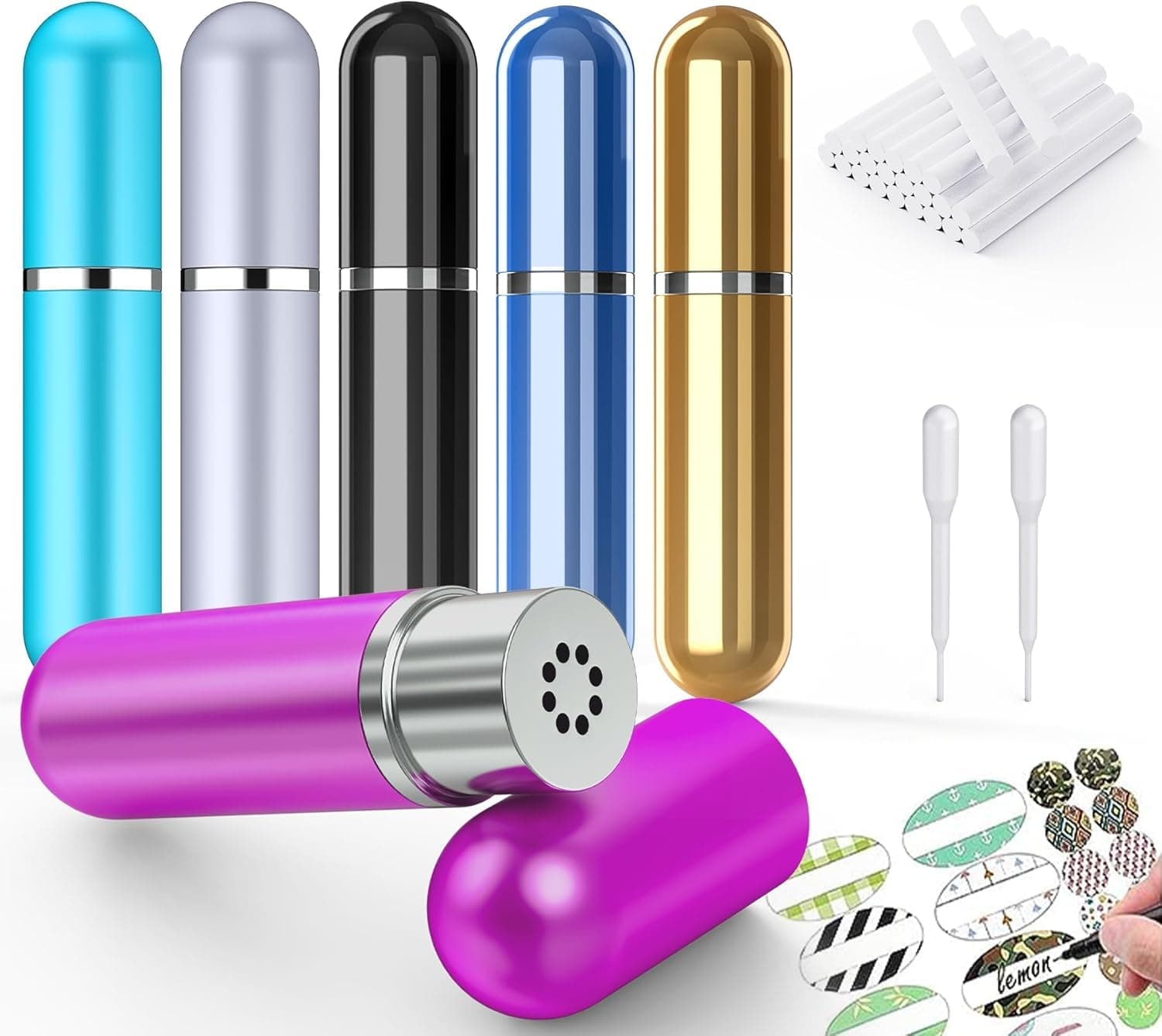 Aromatherapy Nasal Inhaler Tubes for Essential Oils, Portable Reusable Aluminum Nasal Inhaler Tubes with 2 Mini Dropper 24 Cotton Wicks and 24 Writable Stickers