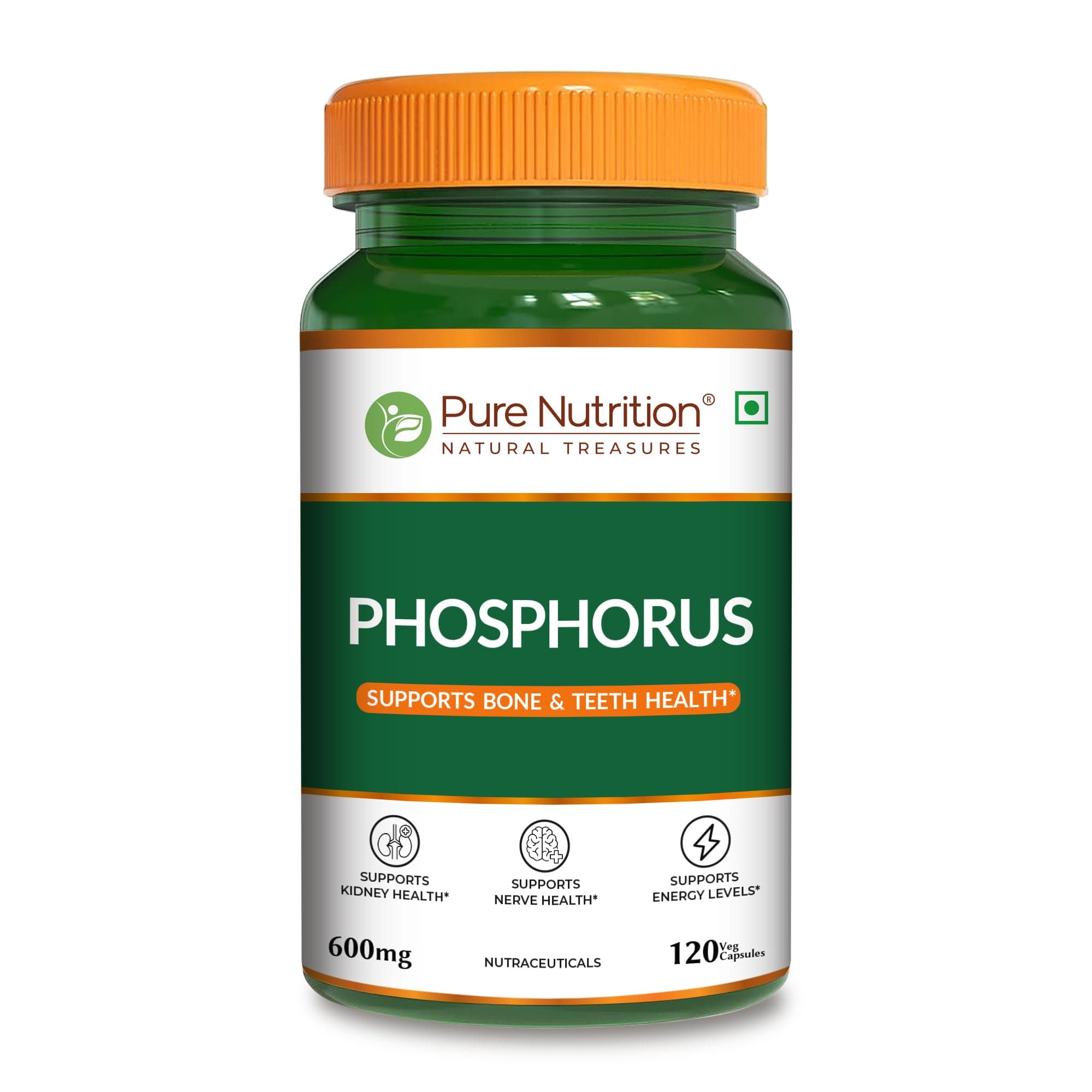 Pure Nutrition Phosphorus 600mg – 120 Veg Capsules | Supports Bone & Teeth Health | Kidney, Nerve & Energy Support | Daily Mineral Supplement for Men & Women
