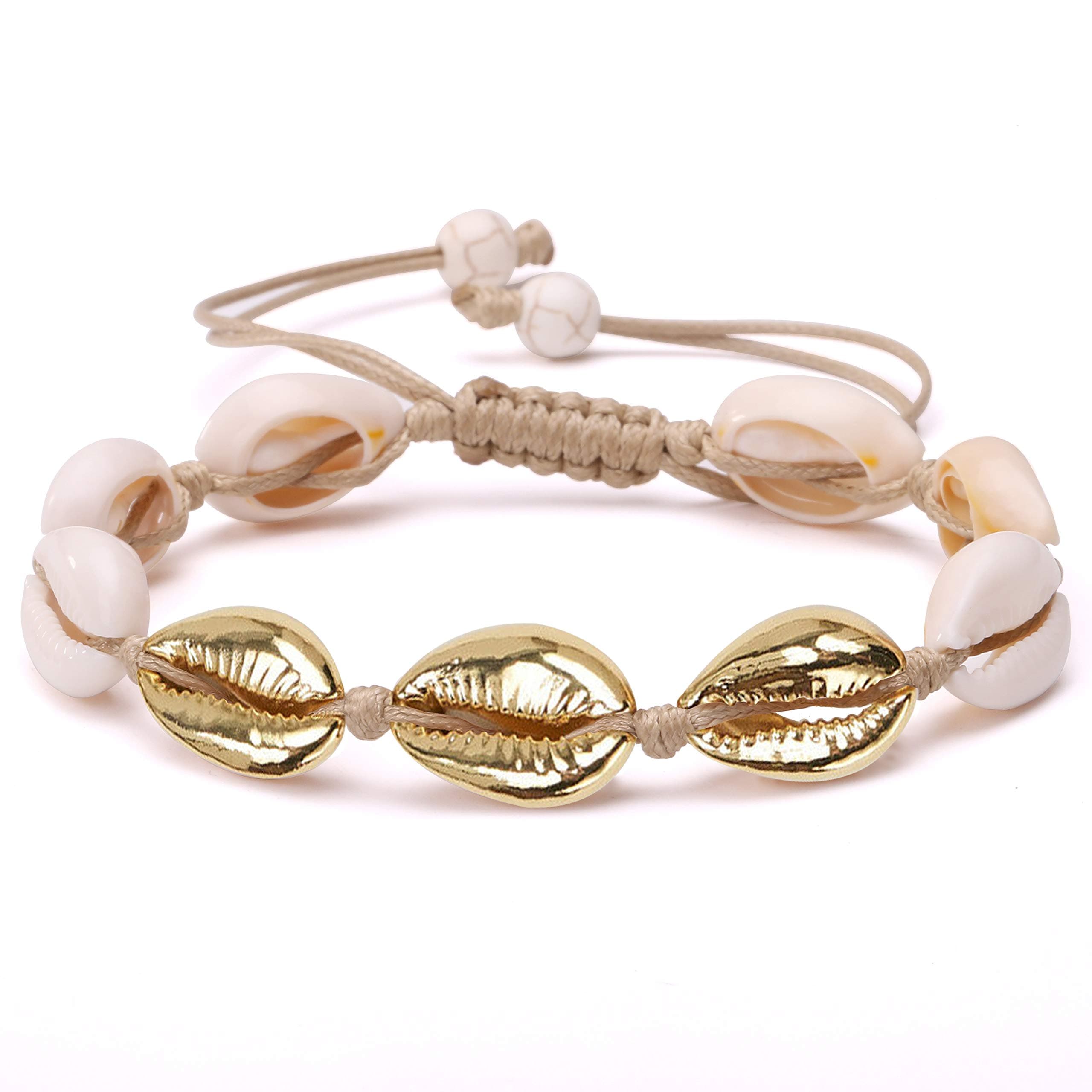 POTESSA Gold Plated Natural Cowrie Beads Shell Anklet Bracelet Handmade Beach Foot Jewelry Hawaiian Jamaican Style Adjustable for Women Unisex