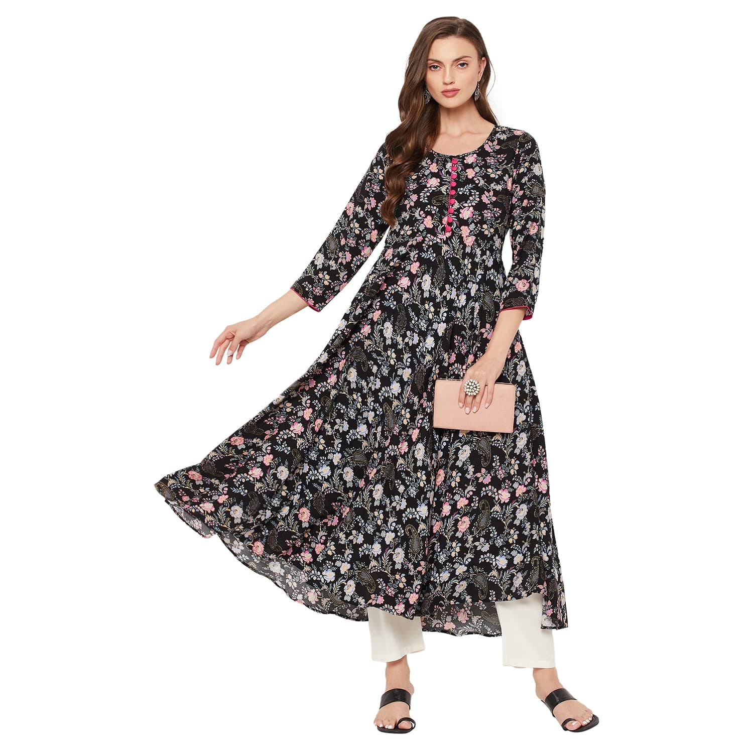 Tissu Women's Rayon Black & Pink Floral Printed A-Line Kurta 2194_Black_L