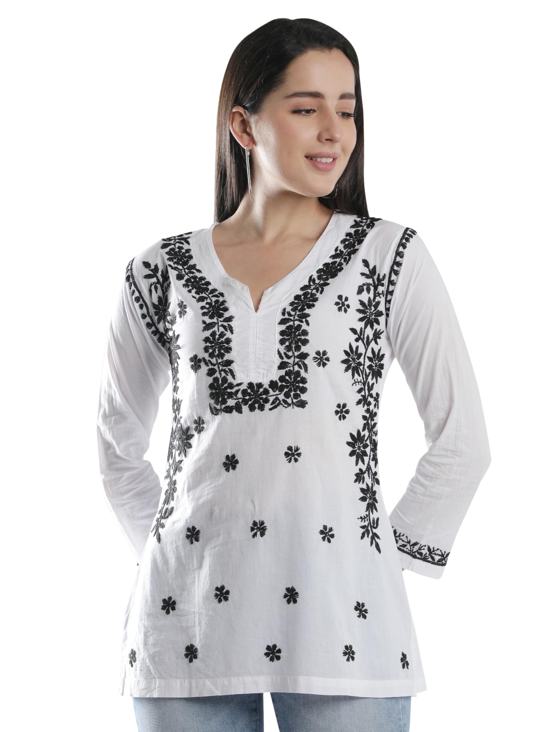 Seva Chikan Hand Embroidered White Cotton Short Top Kurti (4011_White_3XL)