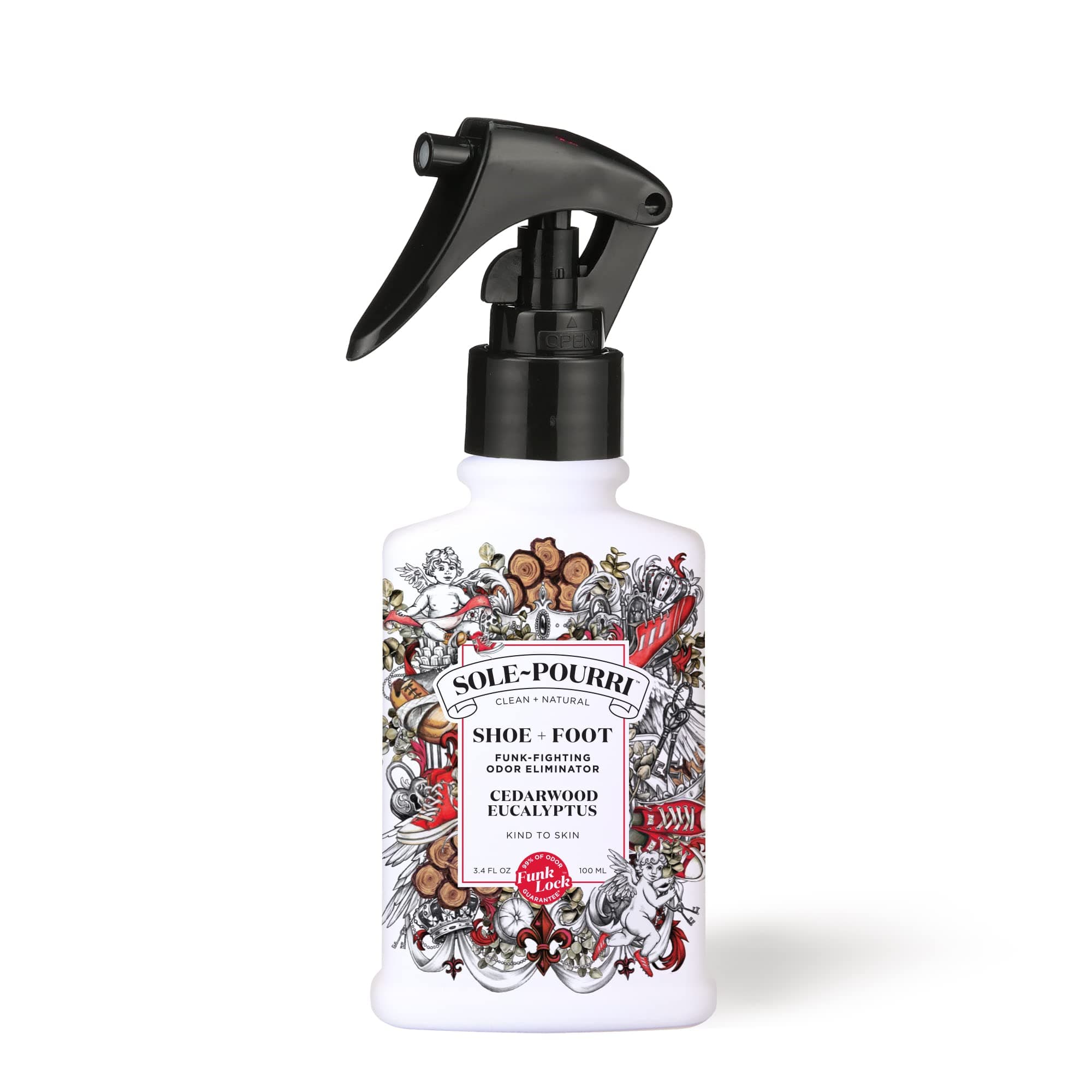 Sole-Pourri Shoe Deodorizer + Foot Spray, 3.4 Fl Oz, Up to 150 Uses, Funk-Fighting Odor Freshener with Essential Oils, for Smelly Shoes, Feet & Gym Bags, Cedarwood & Eucalyptus Scent