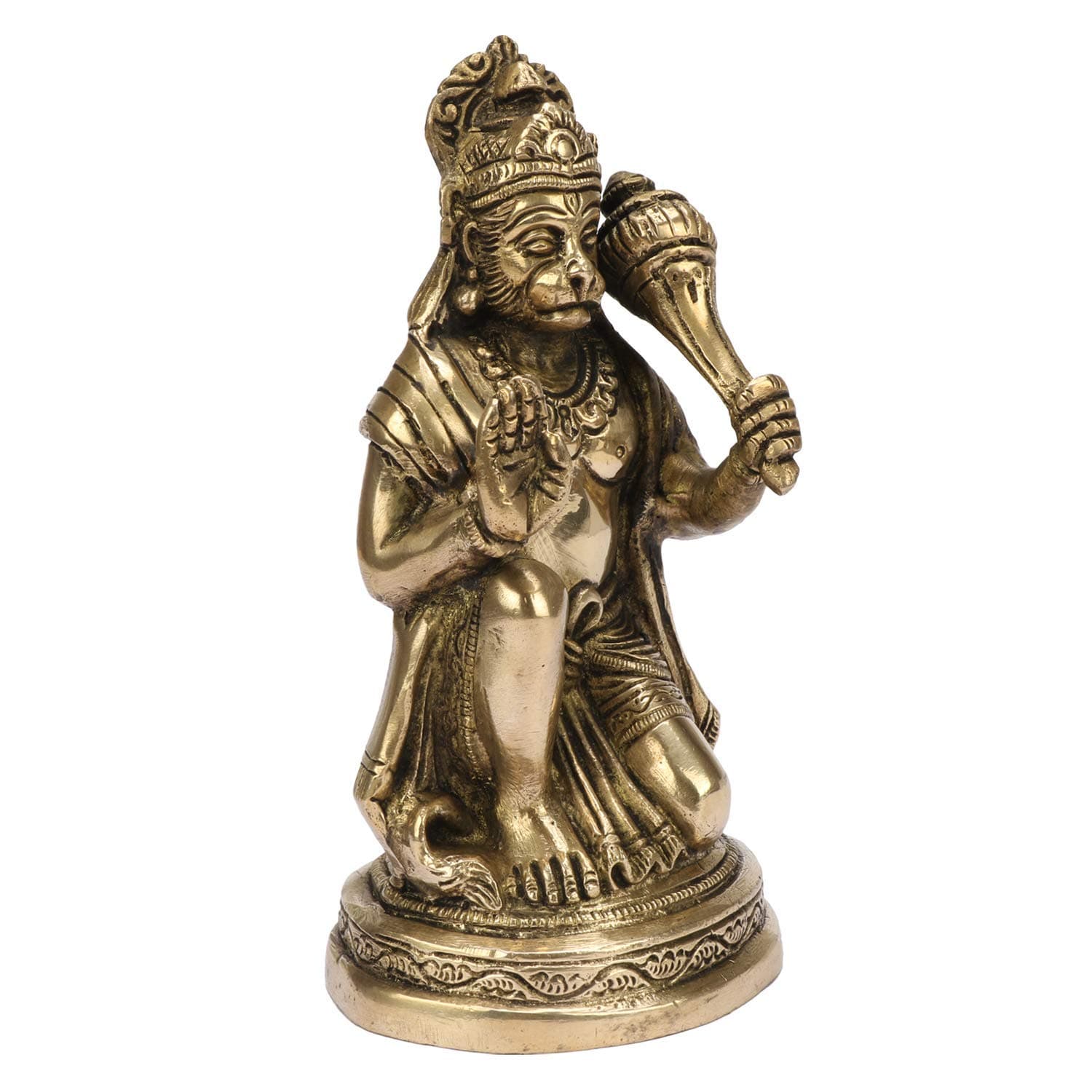 Kartique Brass Hanuman Idol Statue Moorti - 6" Tall Kneeling Posture with Gada - Intricate Detailing for Home Temple Décor