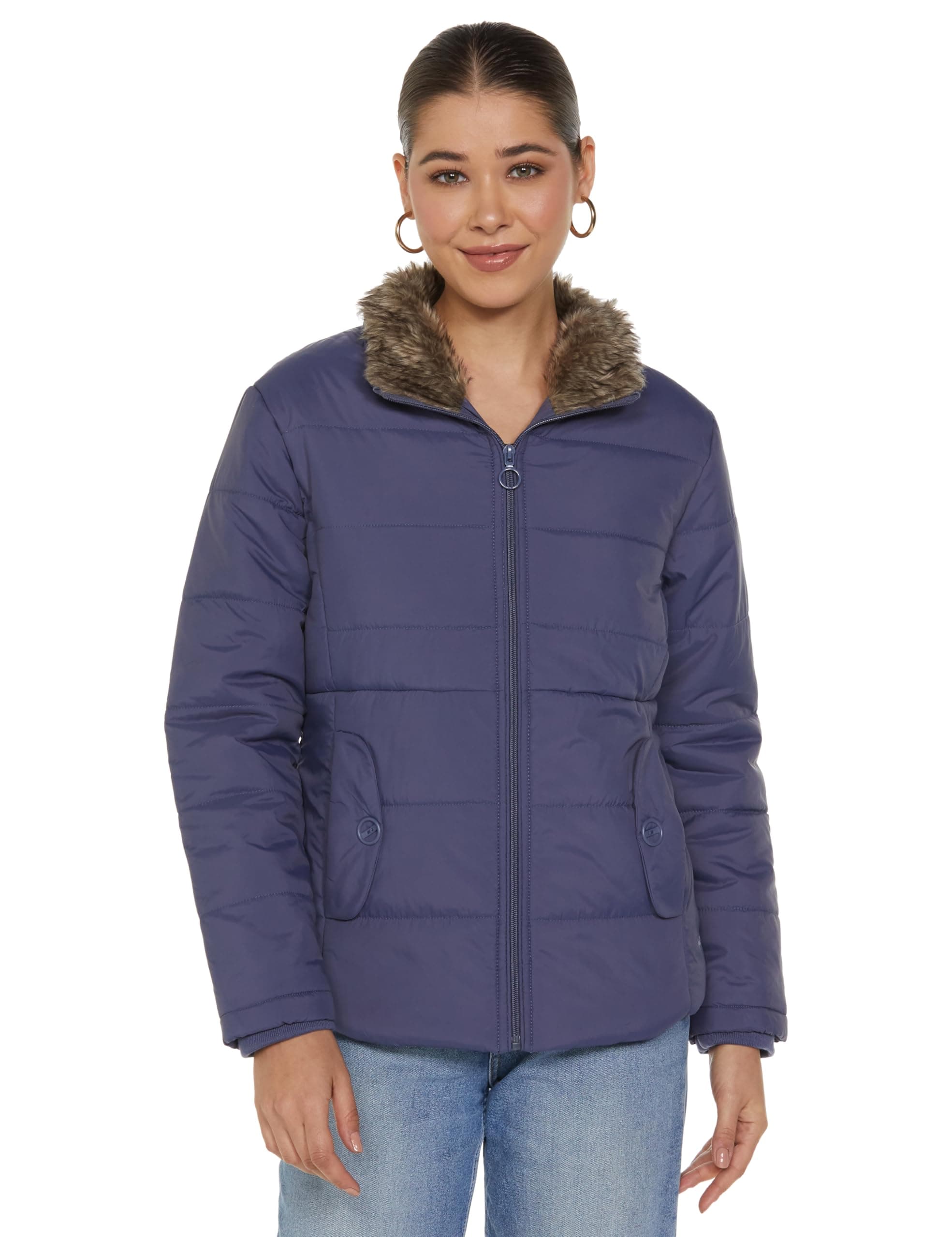 Qube By Fort Collins Women's Faux Fur Standard Length Winter Puffer Jacket with Collar Stylish, Warm & Lightweight