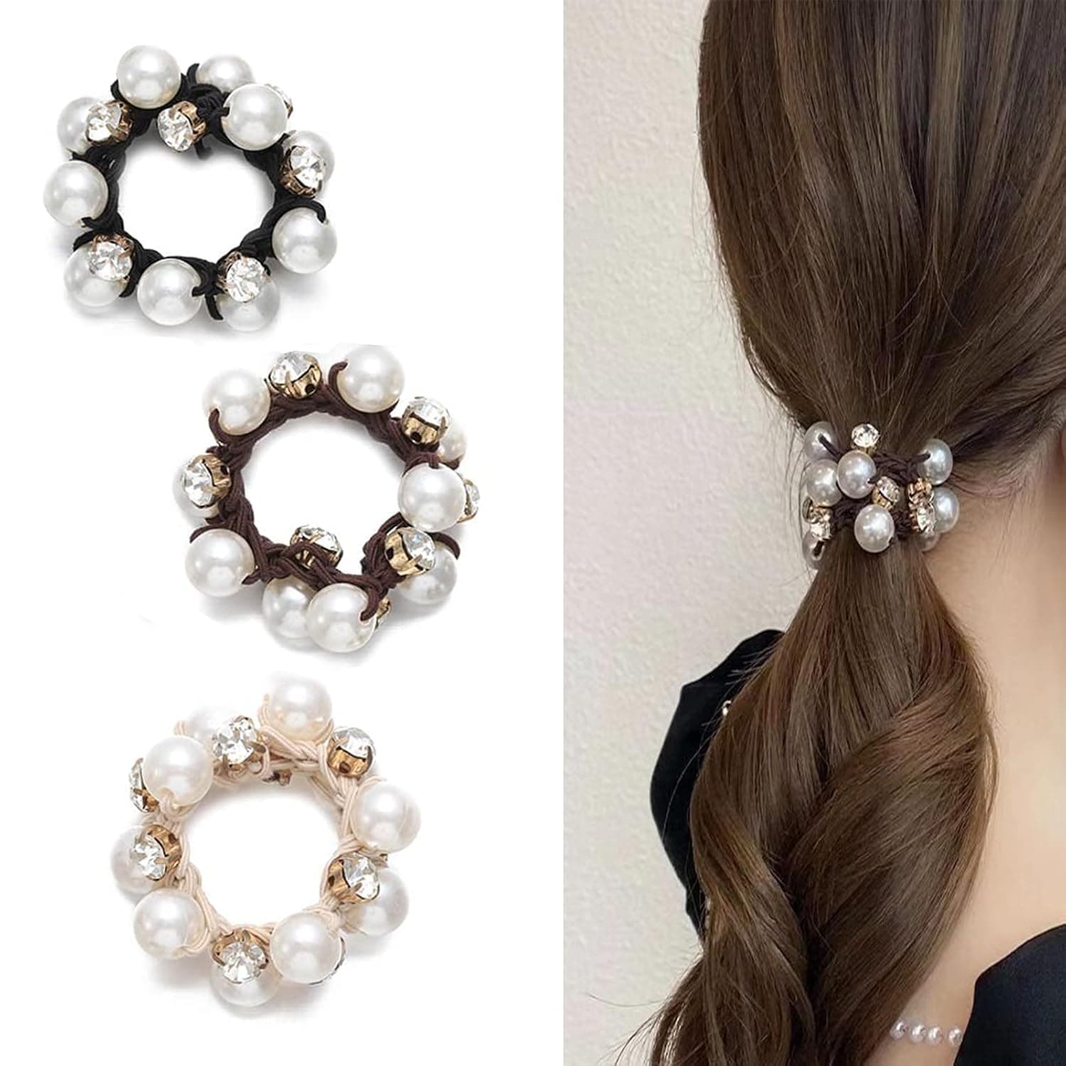 Frescorr (3 pcs) Luxury Pearl & Crystal RhineStone scrunchies for Women | Girls | Pack of 3 | Rubber Band | Hair Ties | Ponytail Holders | Imitation Pearl Hair Accessories