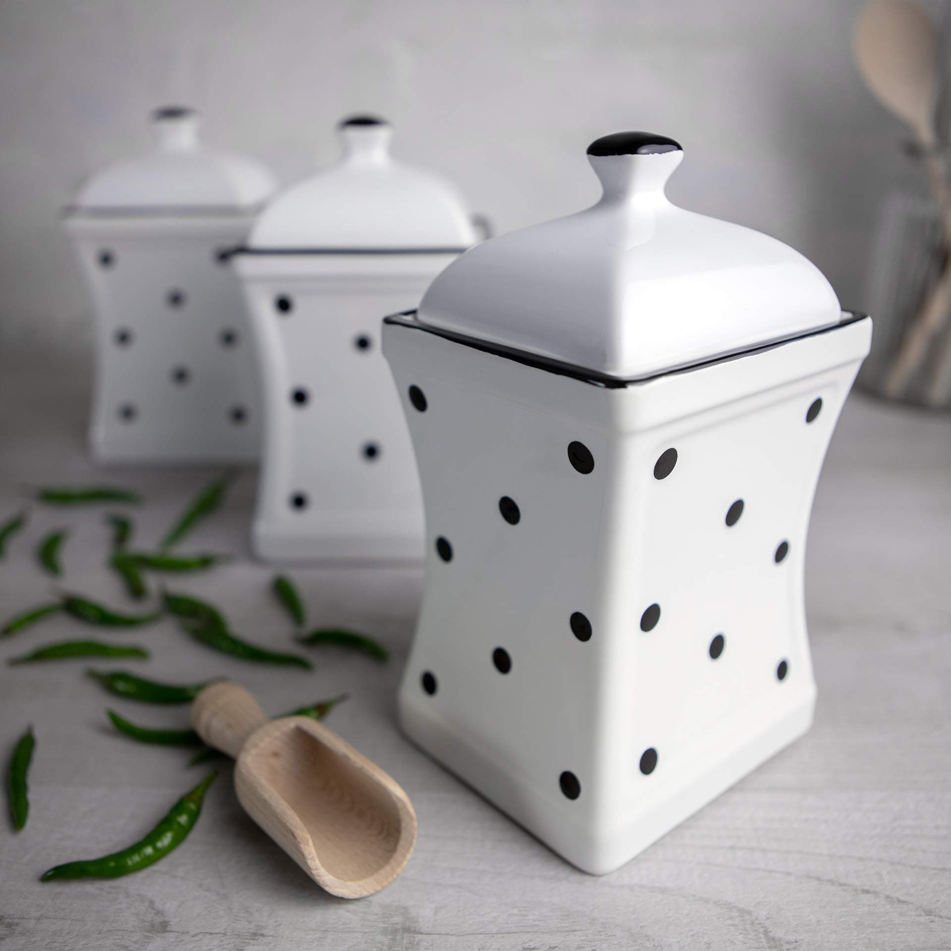 City to Cottage White and Black Polka Dot Handmade, 31.5oz/900ml Ceramic Kitchen Storage Jar Set of 3, Same Size Large Canisters