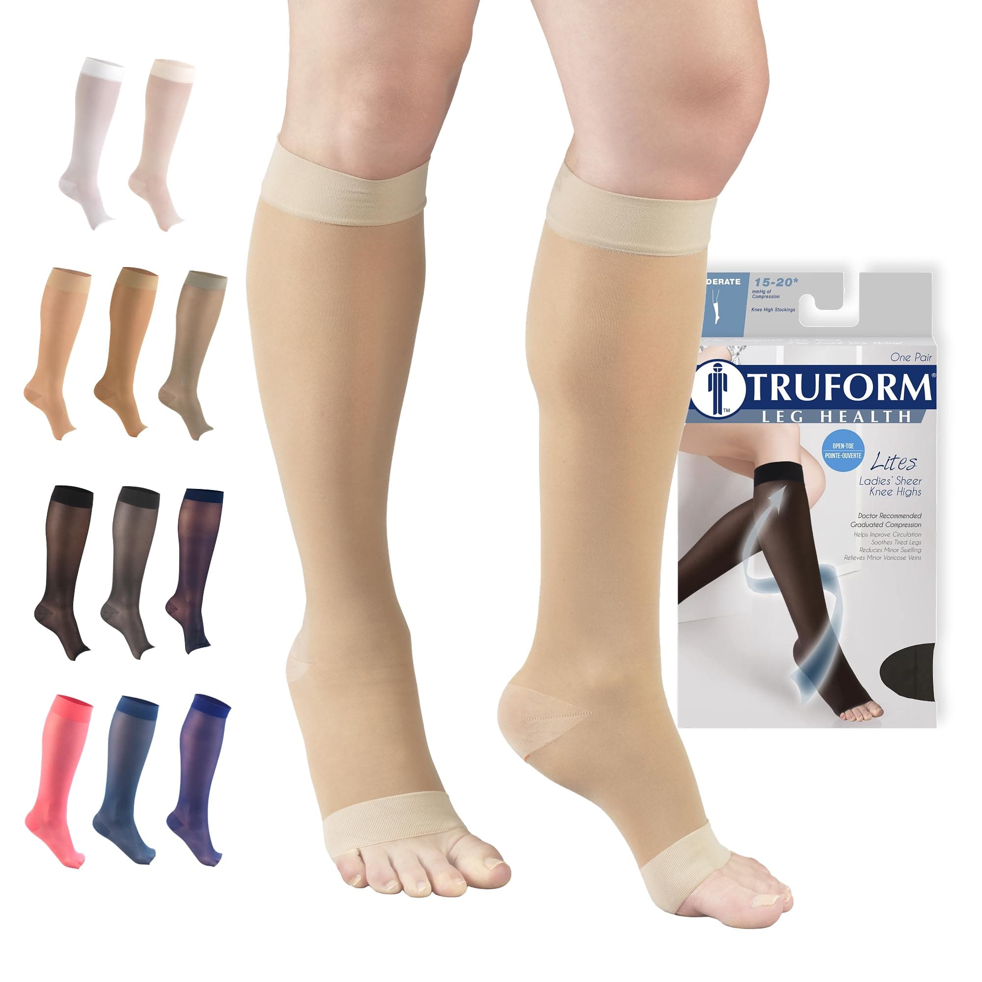 Truform Women's 15-20 mmHg Sheer Open Toe, Knee High Compression Stockings, Nude, Small