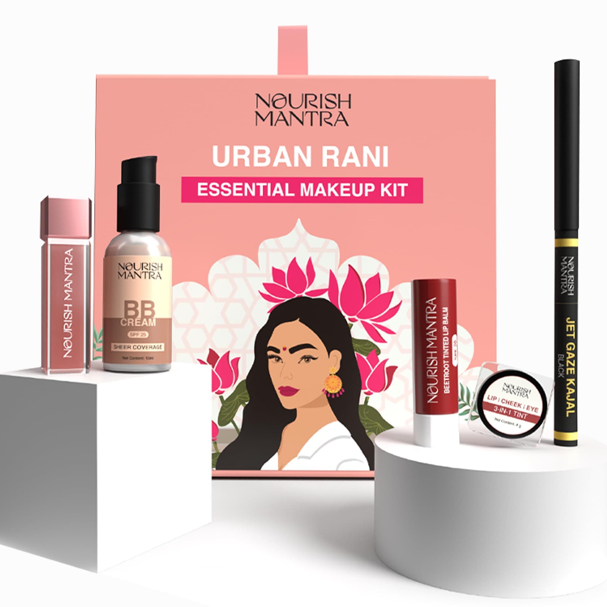 Nourish Mantra Urban Rani Essential Makeup Kit | contains BB Cream, Black Kajal, Liquid Lipstick,tinted Lip Balm, lip & Cheek Tint | Pack of 5 | Face Makeup Kit | Gift Set for Women