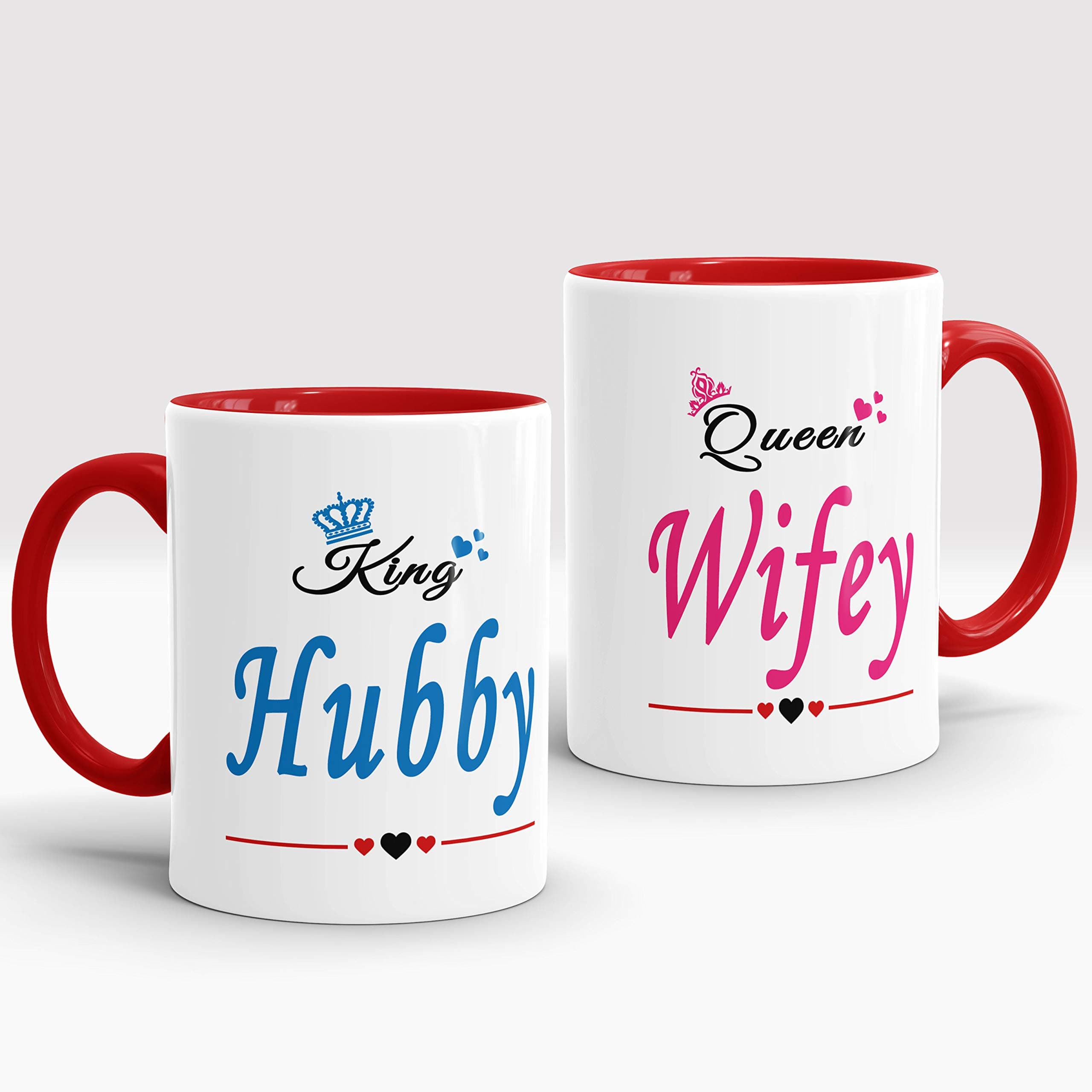 Gift Arcadia King Hubby & Queen Wifey Printed Coffee Mug | Best Gift for Couple, Husband and Wife, 330Ml, (Set of 2) (A295)