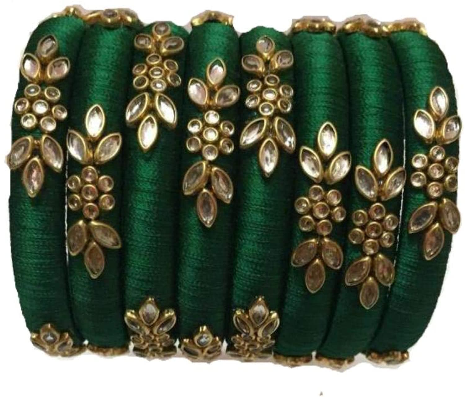 IJYA Sihan Handicrafts Kundan Work Silk Thread Bangle Kada For Women Girls 8 PC Set Wedding & Festive Occasion (Multicolor) (DG, 2.8)
