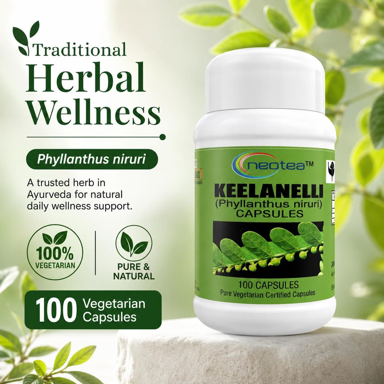 Neotea Keelanelli Capsules 500mg (Phyllanthus Niruri/Bhumi Amla/Chanca Piedra) | 100 Veg | Natural Herbal Supplement | Pure Plant-Based Extract | No Preservatives