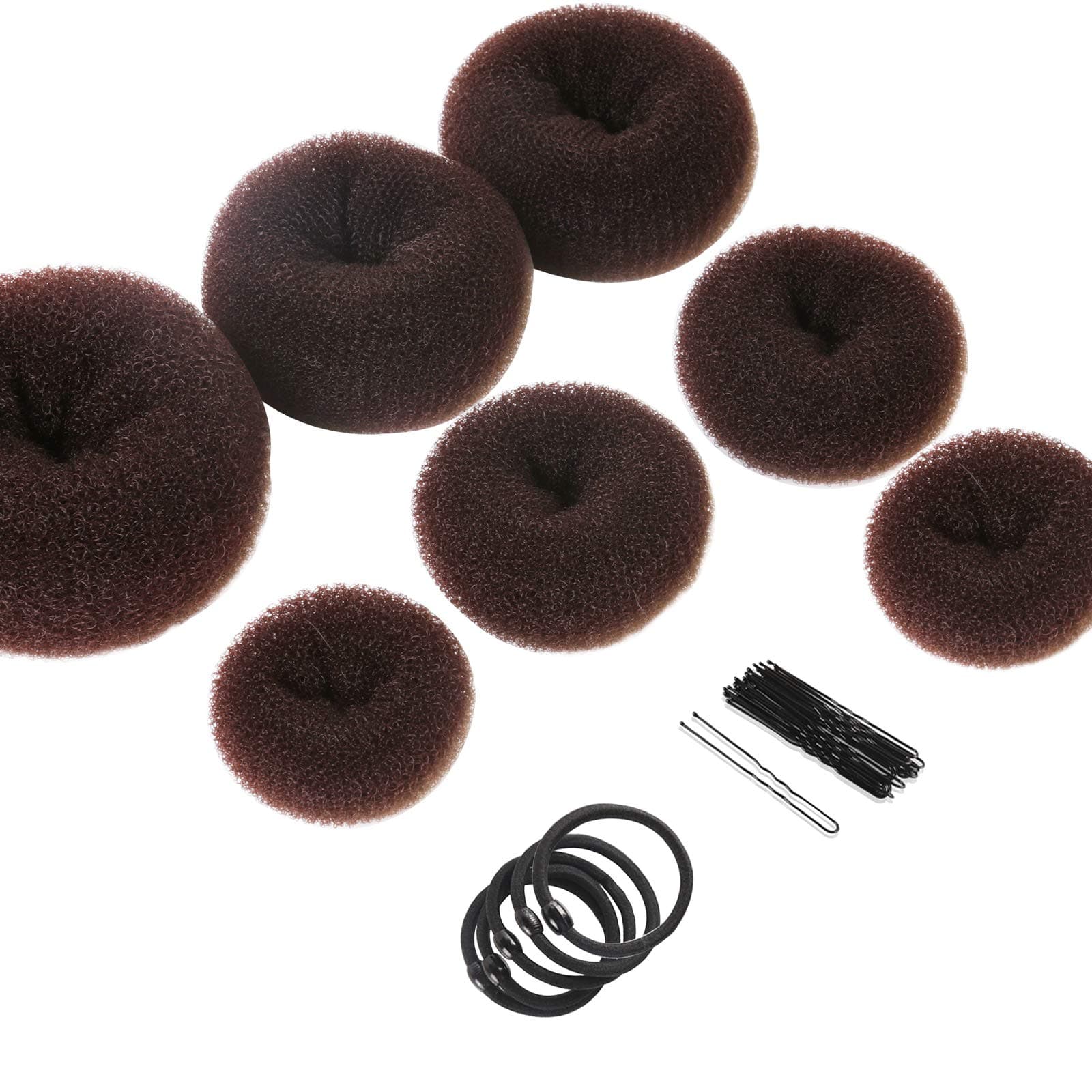 Teenitor Donut Hair Bun Maker Set - 7 Pieces (1 Extra-Large, 1 Large, 2 Medium, 2 Small) with 5 Elastic Bands, 20 Hair Pins - Brown