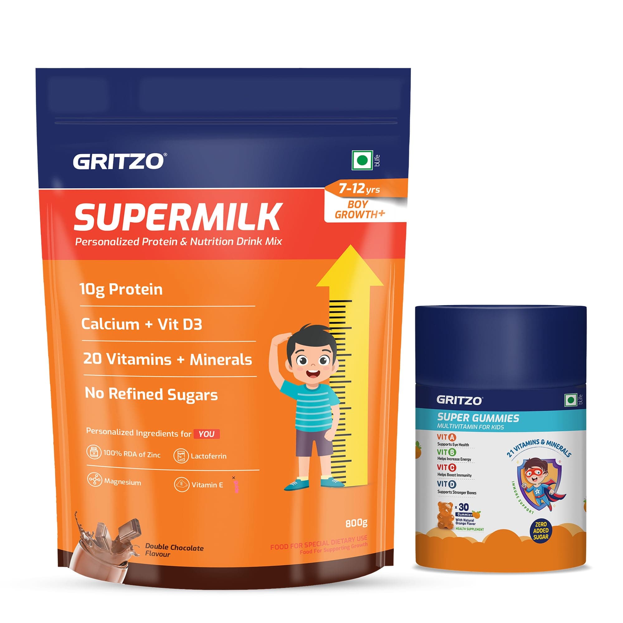 Gritzo SuperMilk Growth+ (7-12y Boy), 800g + Multivitamin Gummies