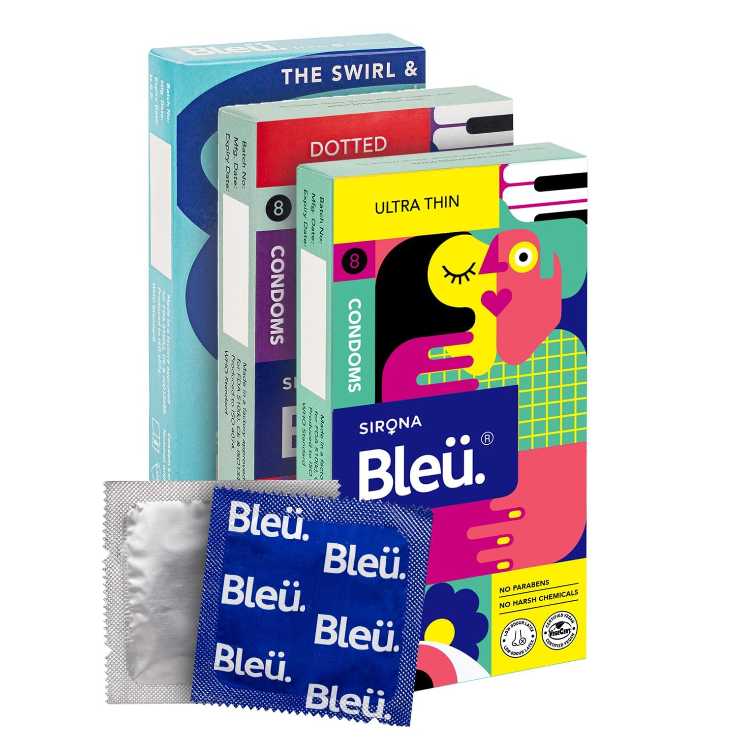 Bleu All Natural Latex Condoms Ultra Thin + Dotted + Spiral Combo Condoms (24 count) Reduced Itching, Irritation Latex Smell. Free of Paraben, Glycerin, Benzocaine