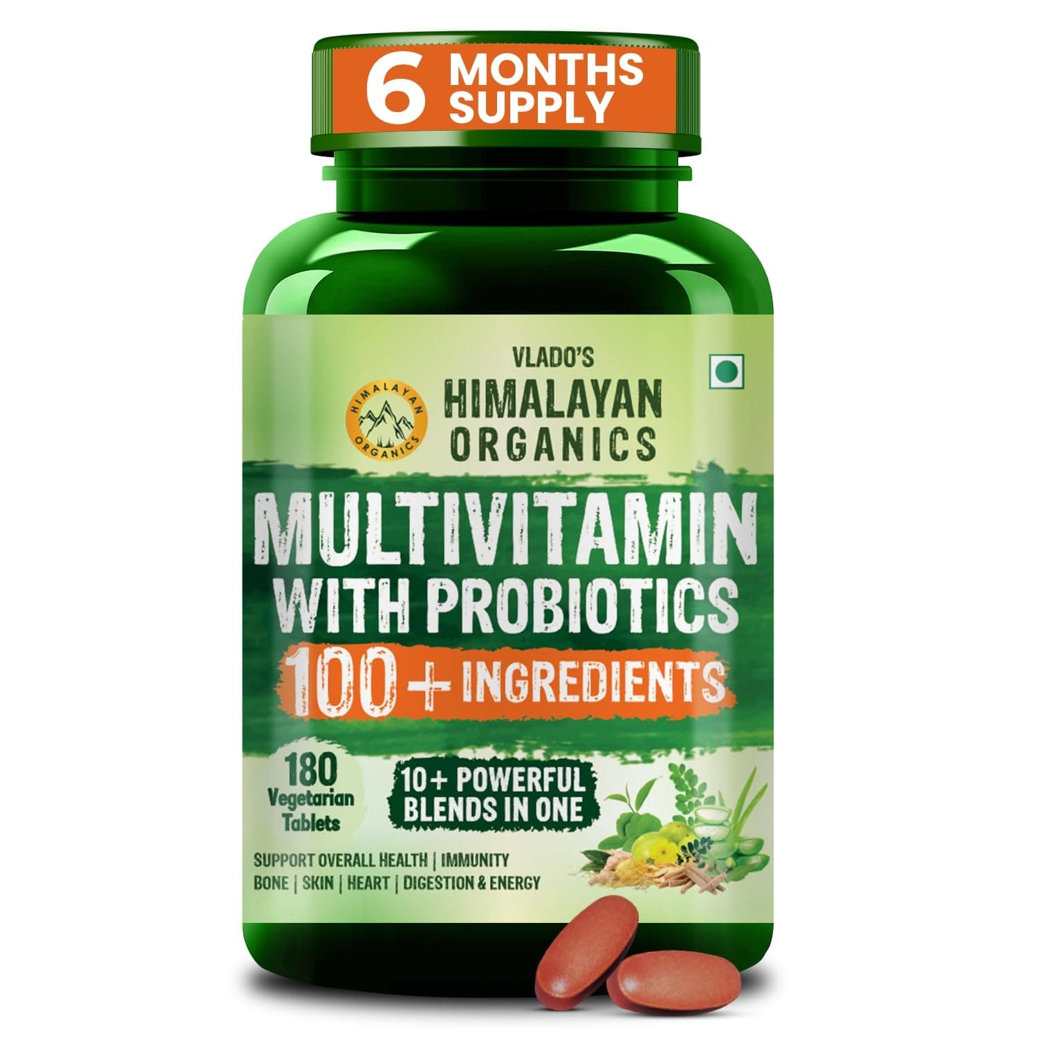 Vlado's Himalayan Organics Multivitamin for Men & Women with Probiotics | 100+ Ingredients including Vitamins B1–B12, Vitamin C, D & E | Zinc, Iron, Calcium, Biotin | 100 Nutrients, 27+ Herbal Extracts, 10+ Blends | Immunity, Energy, Stamina, Bone, Skin & Hair Support | Daily Multivitamin Tablets | 180 Count