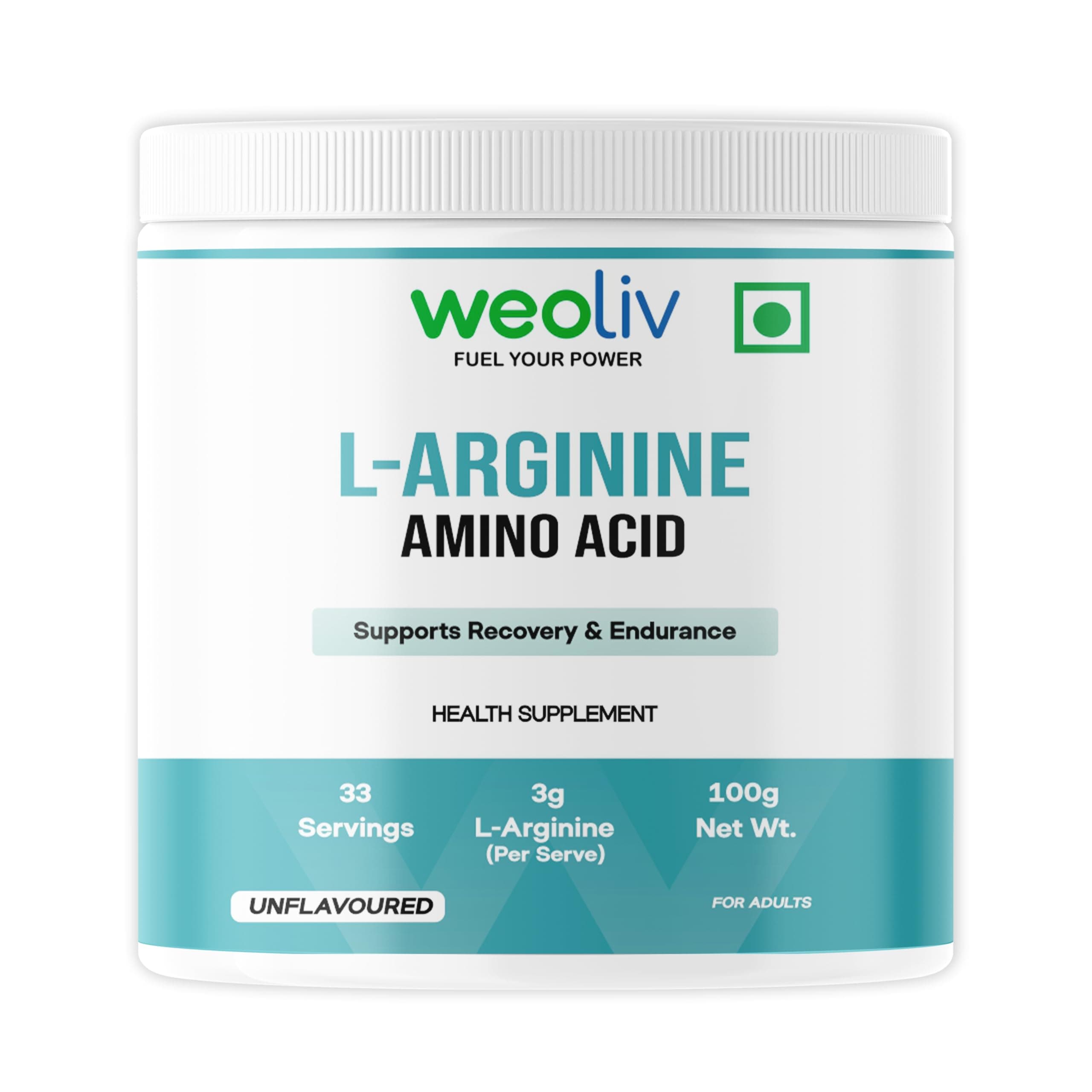 Weoliv L-Arginine Powder 100g (33 Servings) | Unflavoured | Pure L-Arginine Pre Workout Supplement | Supports Nitric Oxide Production, Muscle Pump, Strength & Recovery | For Men & Women