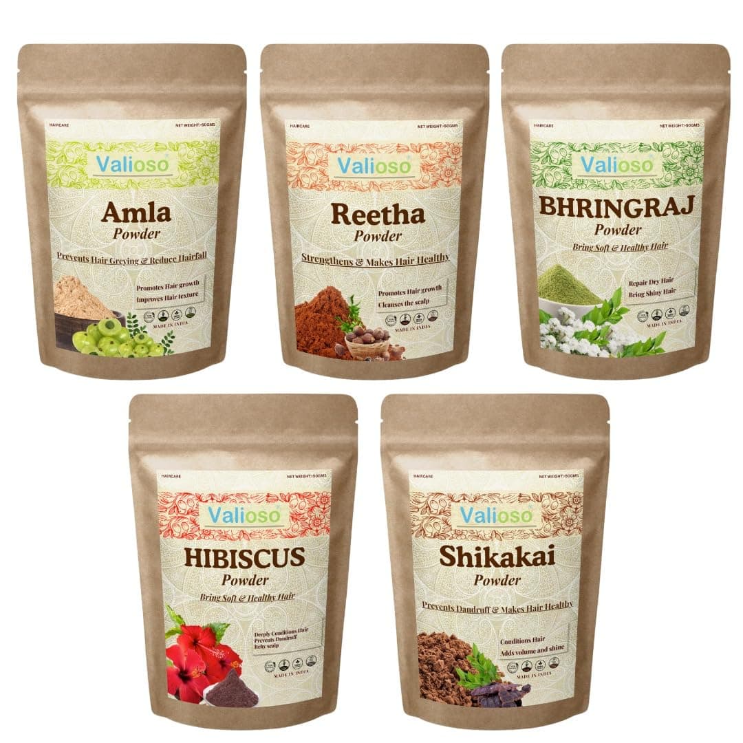 Valioso Amla, Reetha, Shikakai, Hibiscus And Bhringraj Powder for Hair Growth 50 Gms Each Combo (Pack of 5)