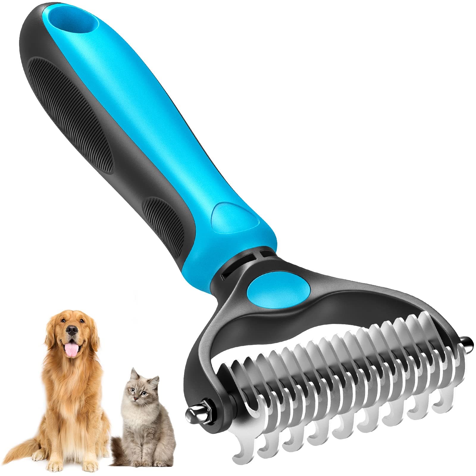 Pet Grooming Brush, Double Sided Shedding and Dematting Undercoat Rake Comb for Dogs and Cats, Dog Grooming Rakes Tool for Mats & Tangles Removing, Extra Wide, Safe, Effective, Comfort (Blue)