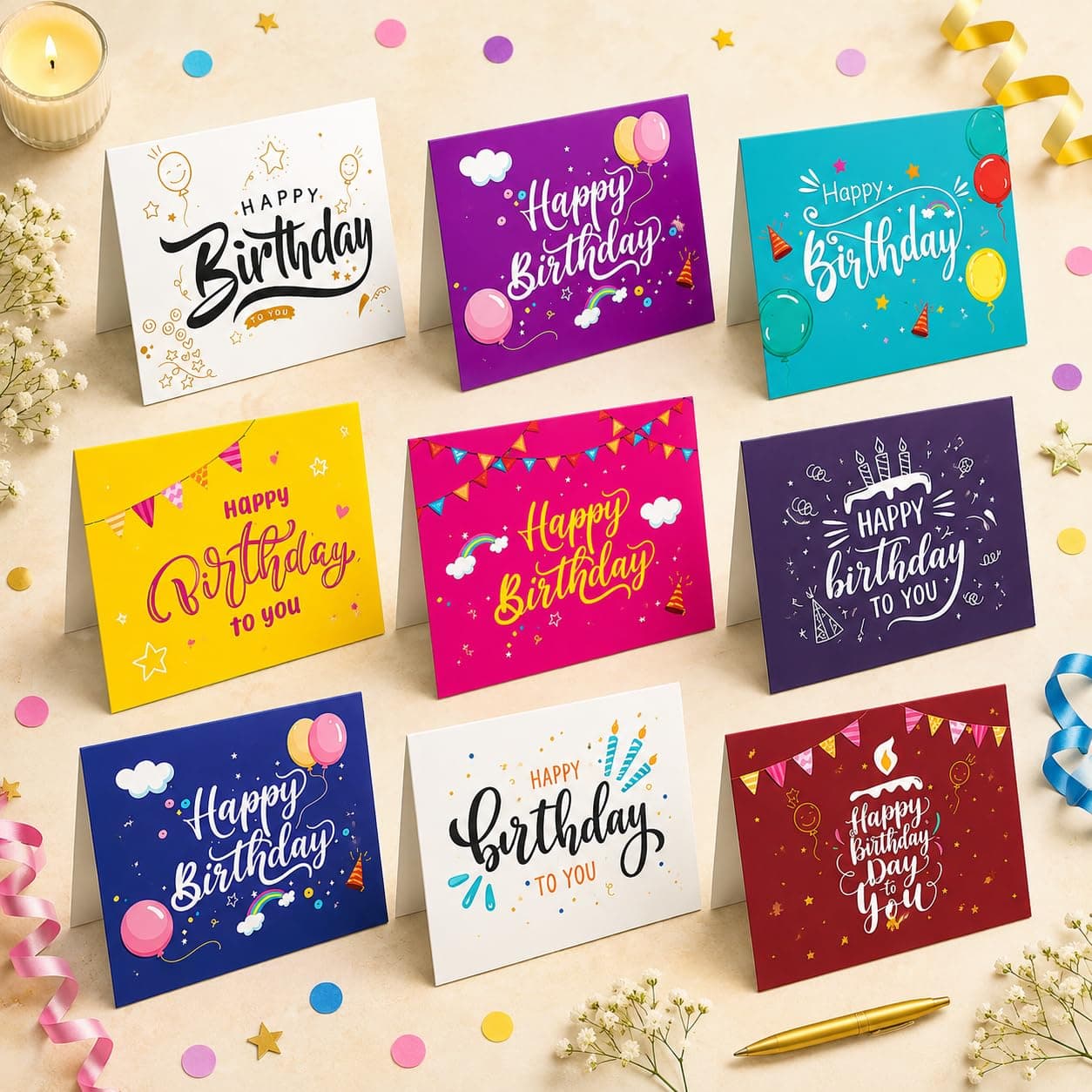 SVM CRAFT® Mini Blank happy birthday Cards With Envelopes All Occasion - 18 Different 3.9 x 2.9 Inch Blank Greeting Cards White Envelopes. 18 Unique Designs Note Cards with Envelopes Set