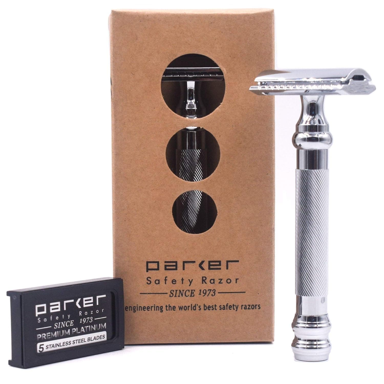 PARKER Safety Razor Men 98R Ultra Heavy Weight Long Handle Double Edge Safety Razor & 5 Blades