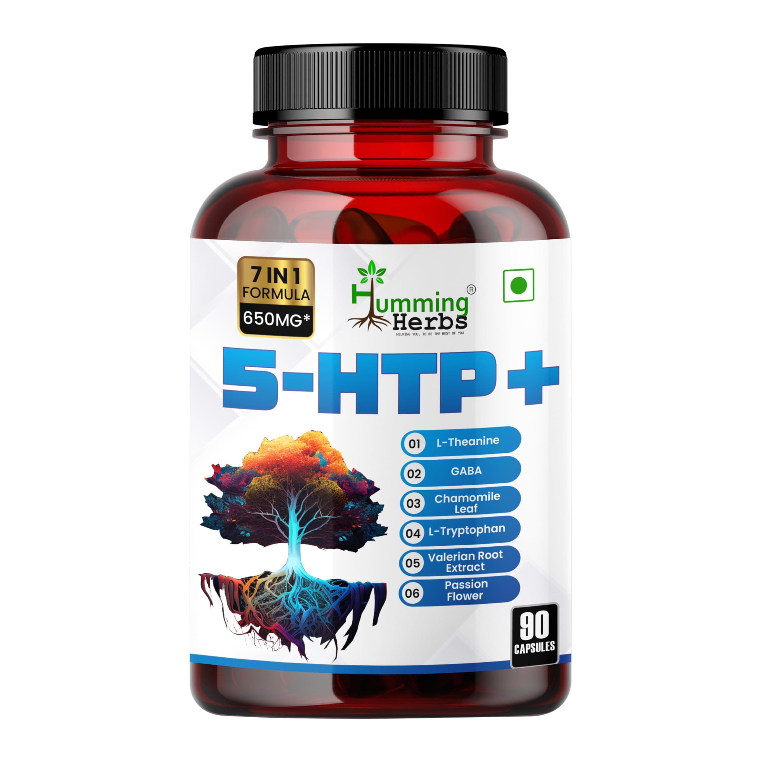 Humming Herbs 5-HTP+ with L-Theanine, L-Tryptophan, GABA, Valerian Root Extract, Chamomile Leaf, Passion Flower (Hydroxytryptophan) Mood & Sleep Support 7in1 | 650MG | 90 Caps