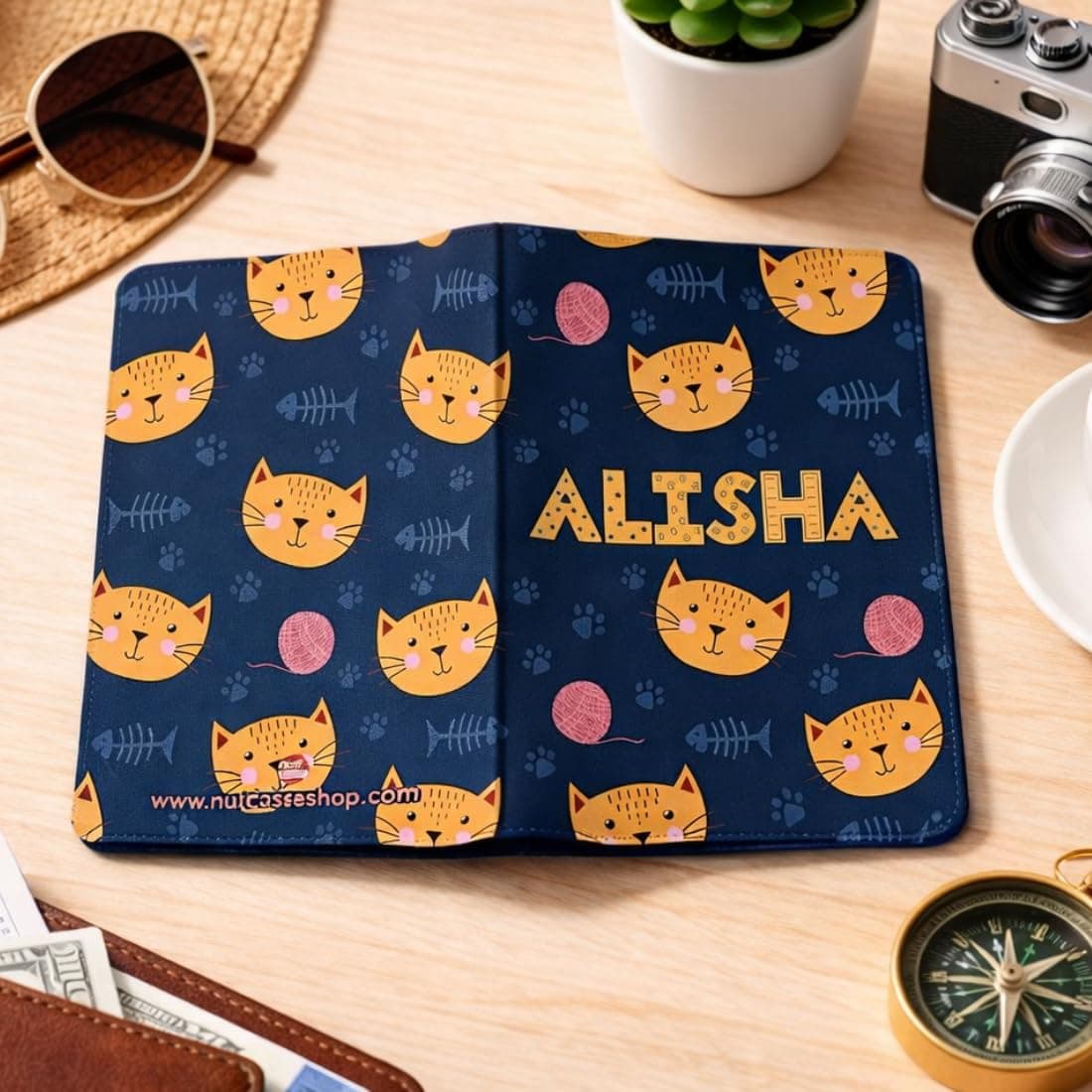 Nutcase Personalized Passport Cover PU Leather Polyfabric - Cute Little Cat