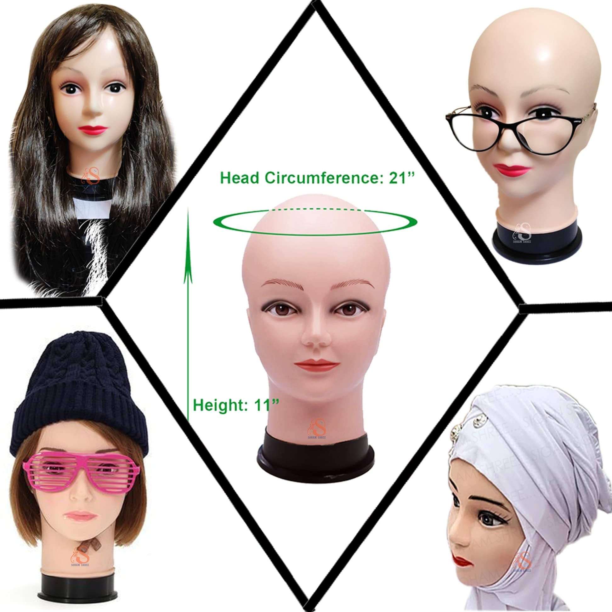 SOHAM SHREE ᵀᴹ : FEMALE Head Mannequin - Women Head Dummy - Display Stand for Hair Wig | Scarf | Cap | Face for Sunglasses | Eye Glasses Holder | Hat Display Model Stand | - 12 Inch Size (Skin Color)