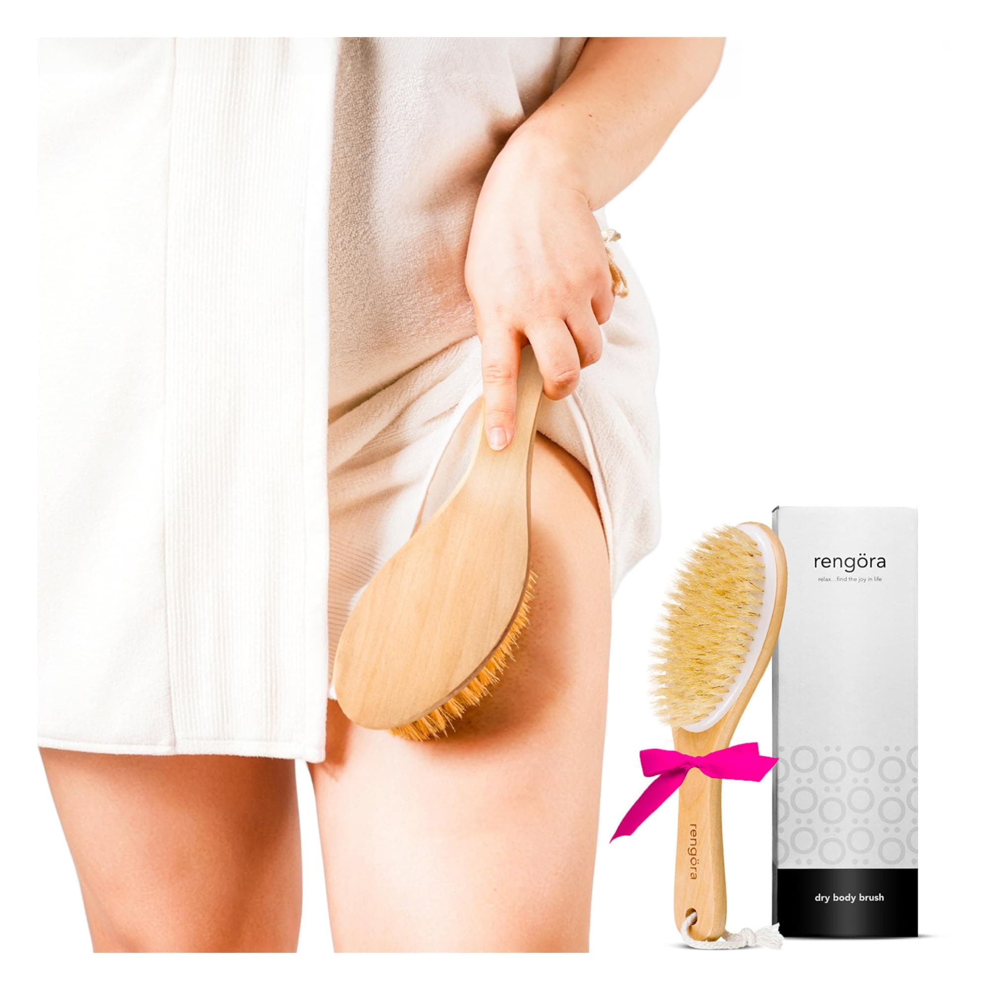 Dry Skin Body Brush - 100% Boar Bristles Curved Wooden Handle by Rengra - Perfect for Dry Brushing, Gentle Exfoliaton & Premium Skin Cleansing - Get Healthier, Younger-Looking Skin Today